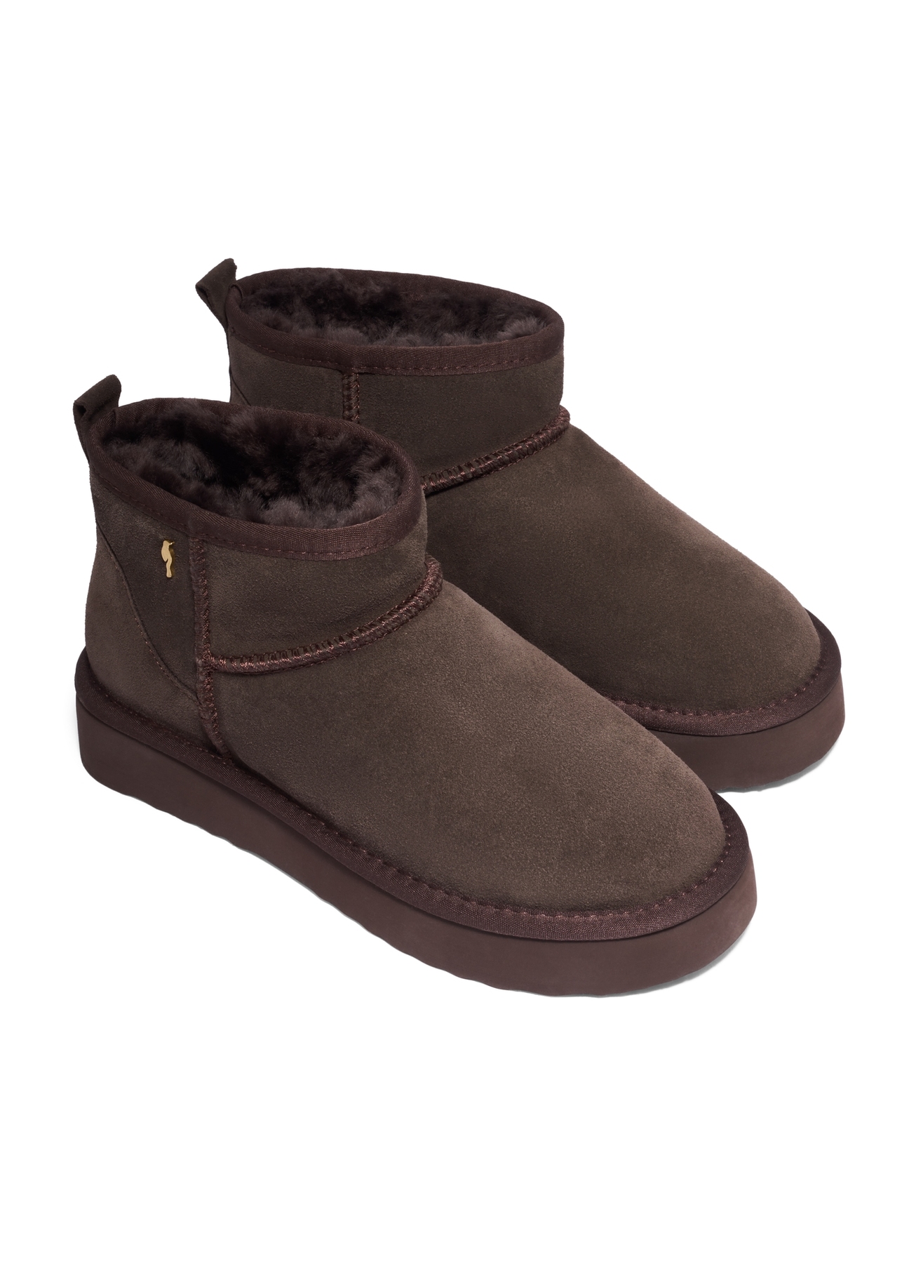 Dark brown short women's snow boots BUTYD-1138-1I(Z26), diagonal product view on a white background.