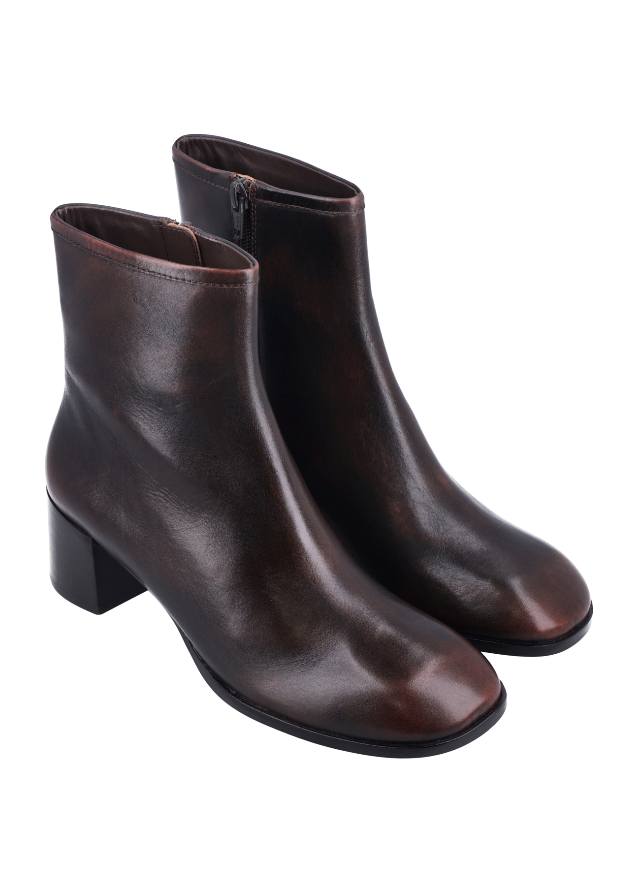 Dark brown leather women's ankle boots BUTYD-1359-1L(Z26), diagonal product view on white background.