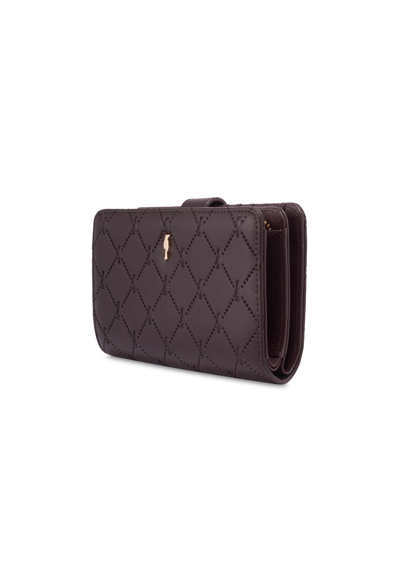 Brown women's wallet with monogram POREC-0391A-1I(Z26), diagonal product view on white background.