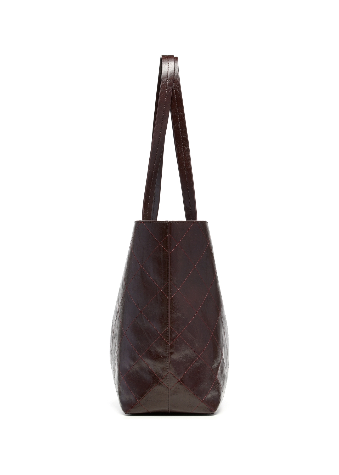 Women's burgundy shopper bag with stitching TOREC-1247-4D(Z26), product view from the side on a white background.