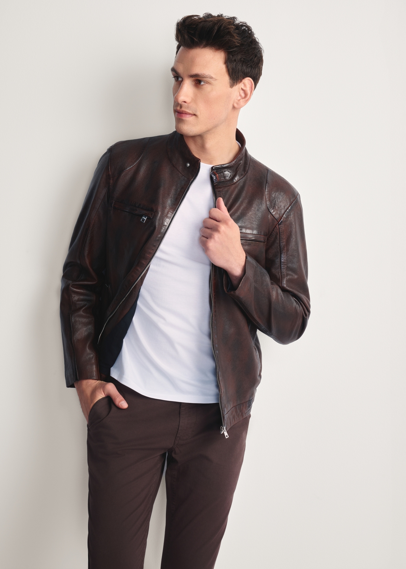 Brown men's leather jacket KURMS-0384-3340(Z25), product view from the front on the model, half of the silhouette visible.
