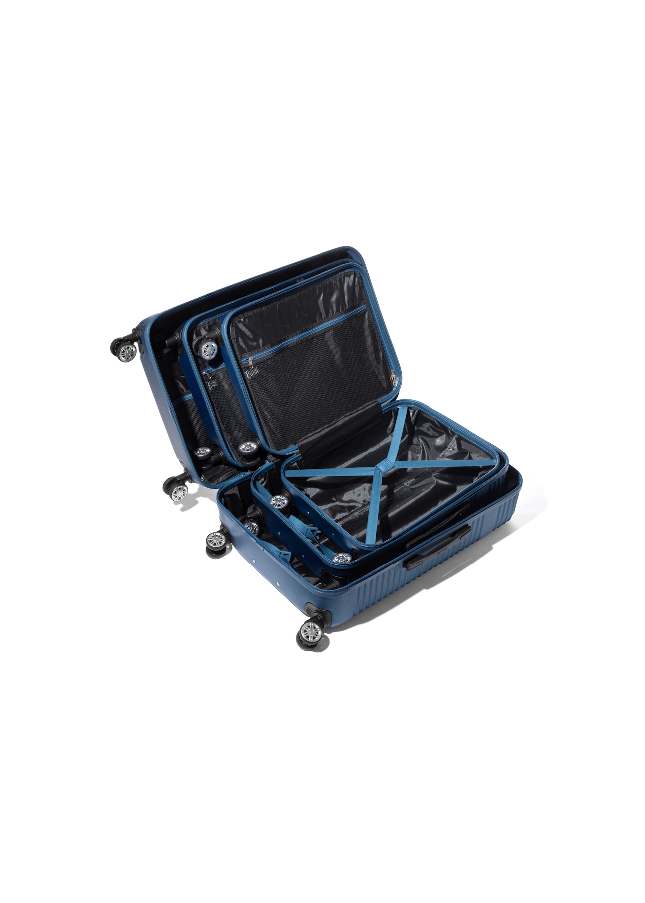 Set of wheeled suitcases (19"/24"/28") WALAB-0040-7H(W26) – top-down view of the open product on a white background.