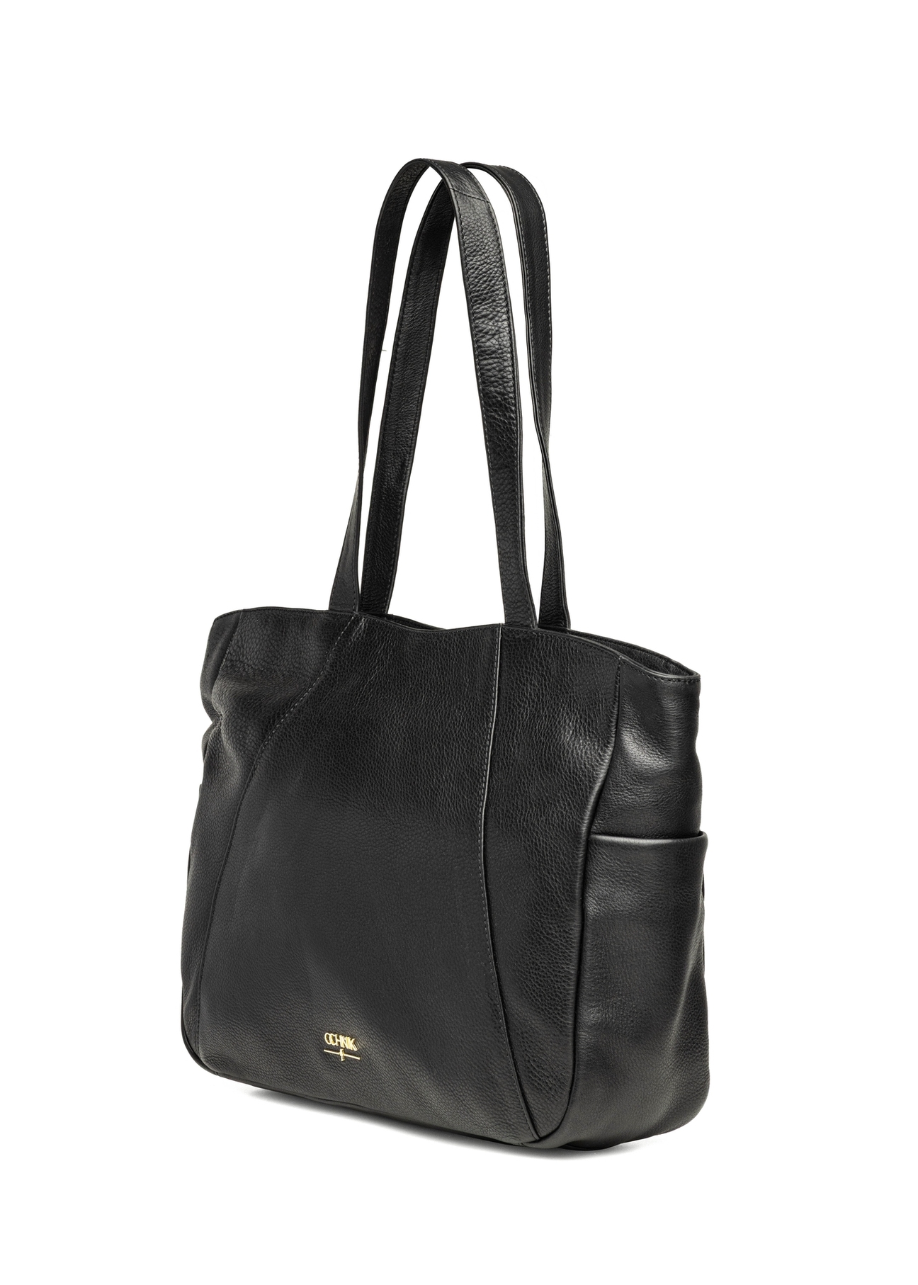 Black leather women's shopper bag TORES-1255-99(W26) - diagonal product view, on a white background.