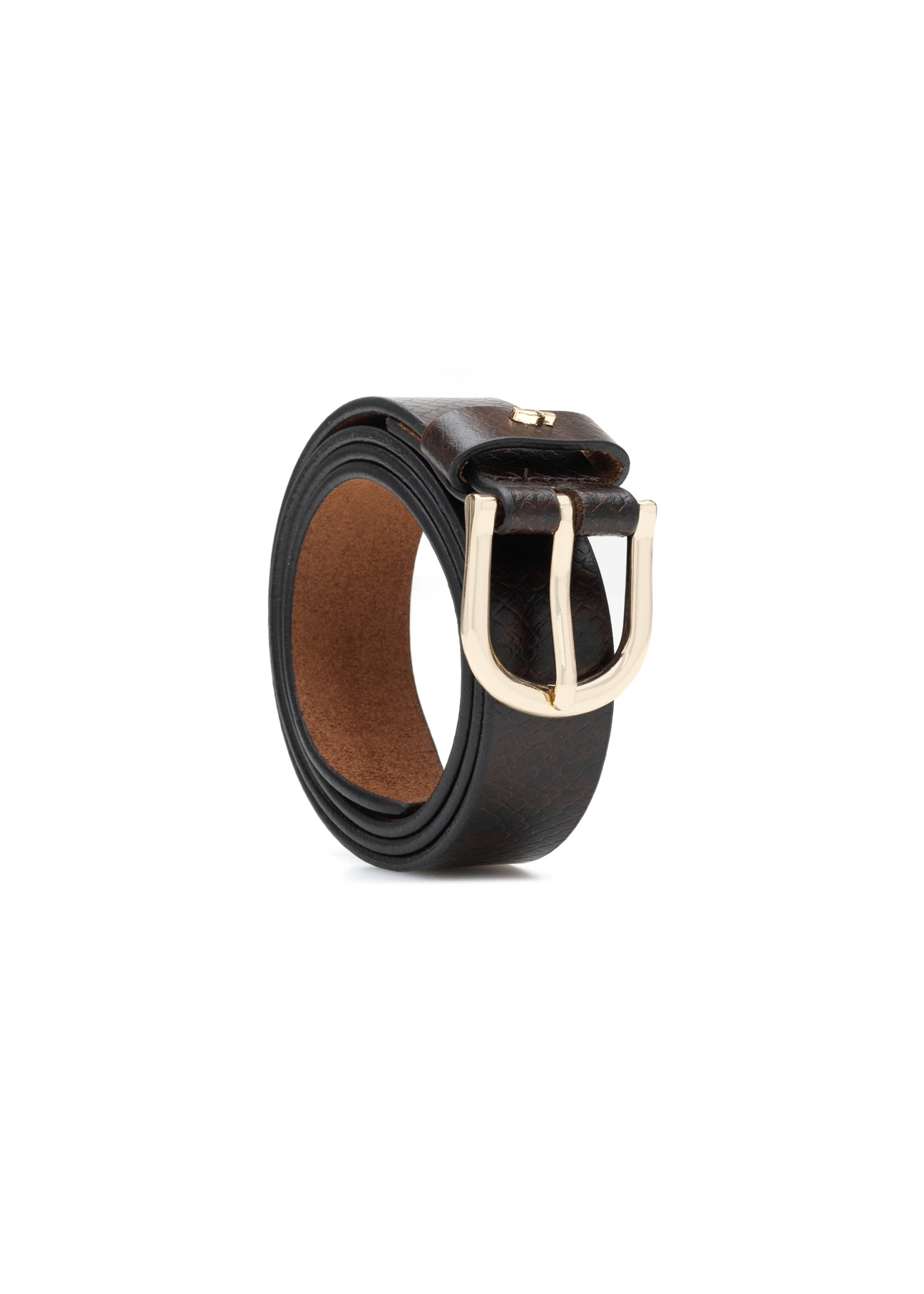 Brown leather women's belt PASDS-0333-90(Z25), diagonal product view on white background.