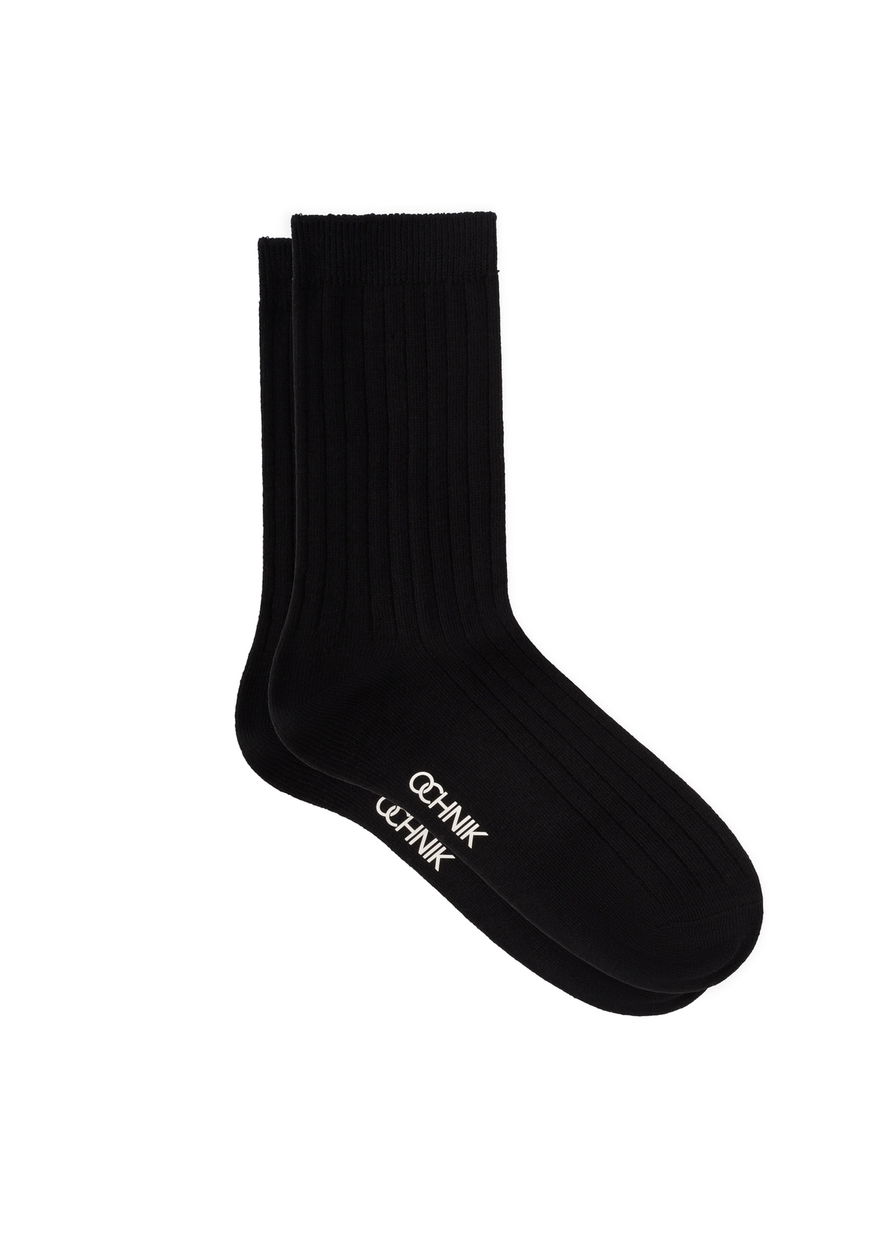 Black ribbed long women's socks SKADT-0072-99(W26), side product view on white background.