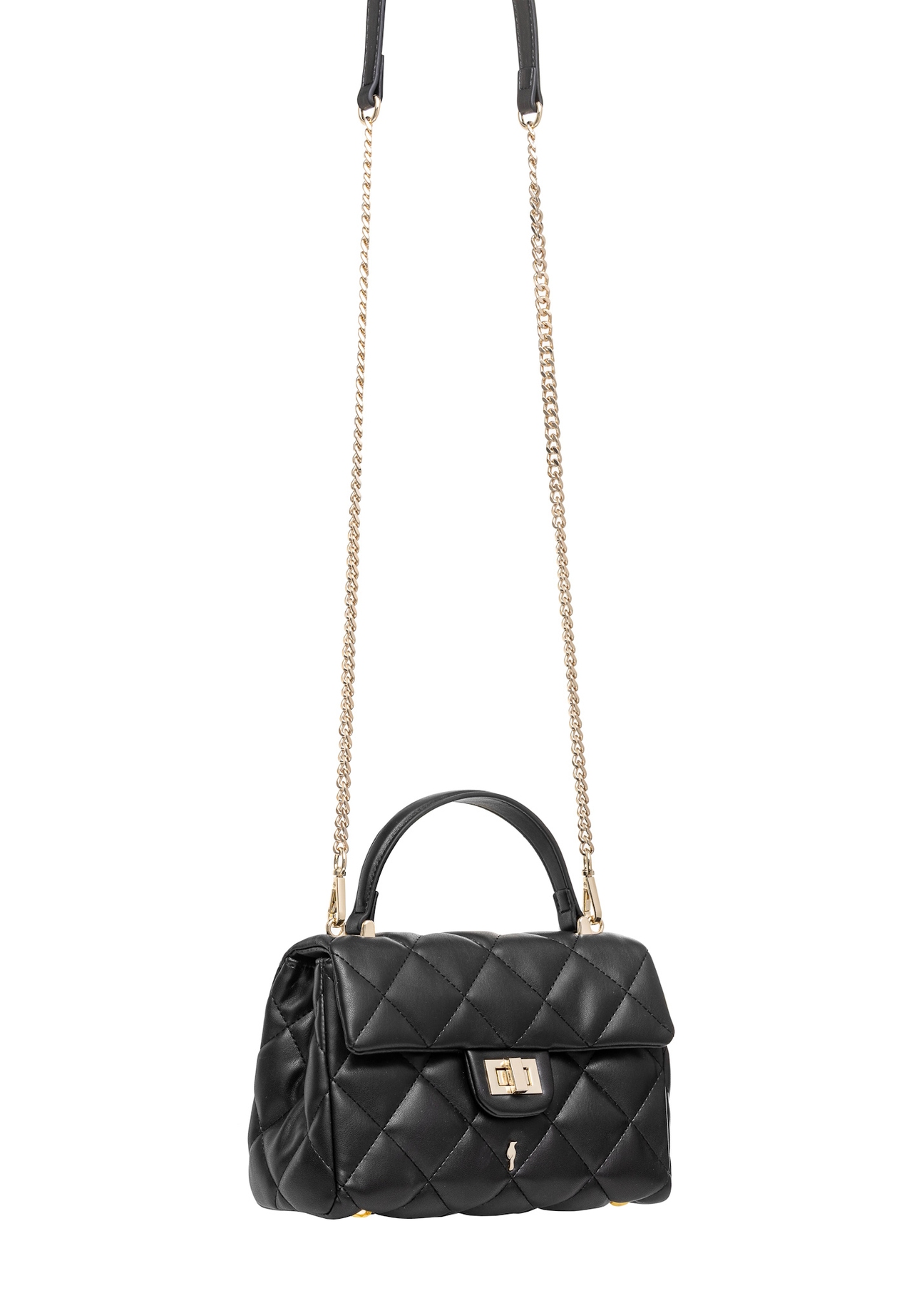 Black small quilted women's handbag TOREC-1092-99(Z25), product view with strap on white background.