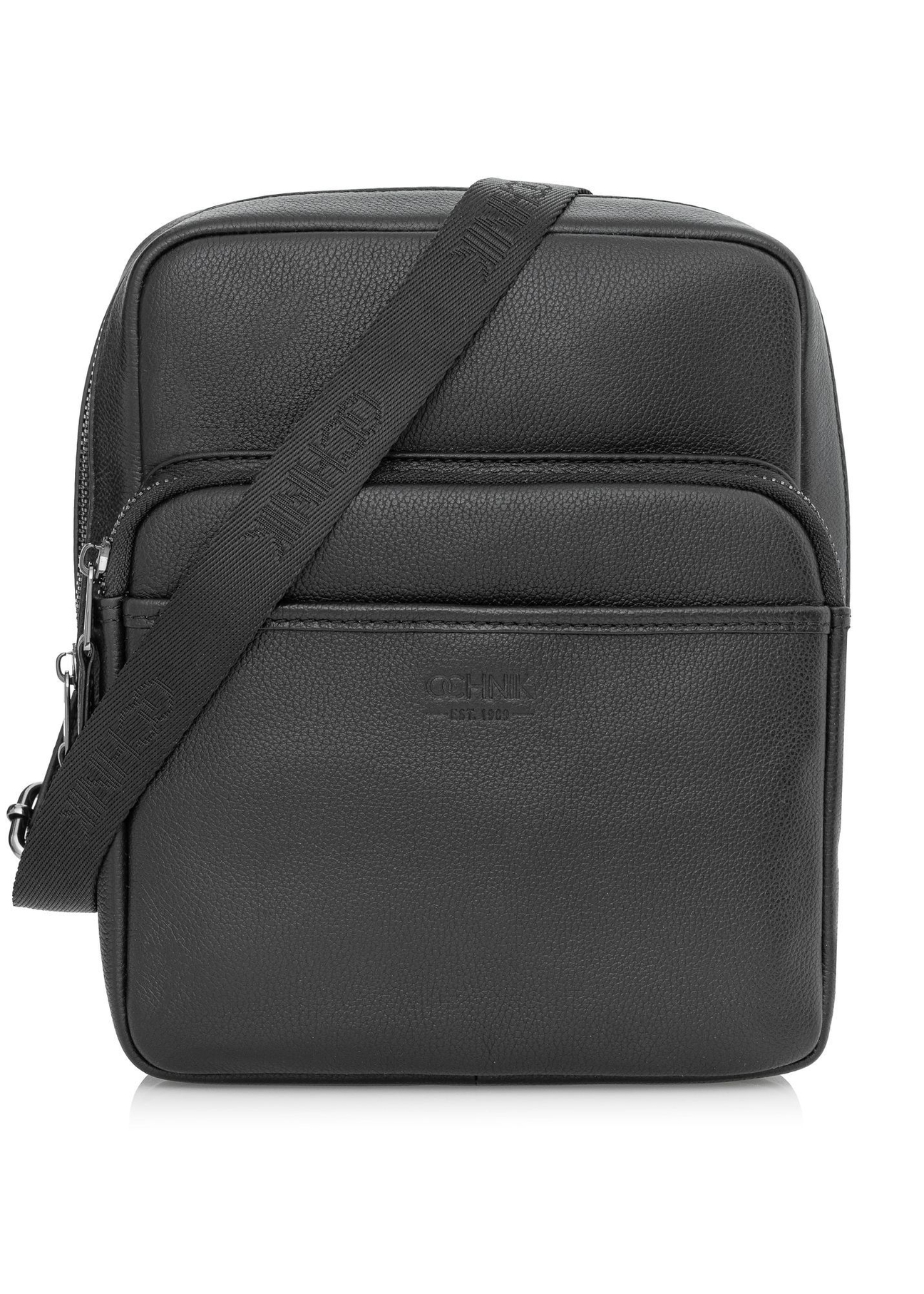 Men's leather black zipper bag TORMS-0016R-9I(W26), front product view on white background.