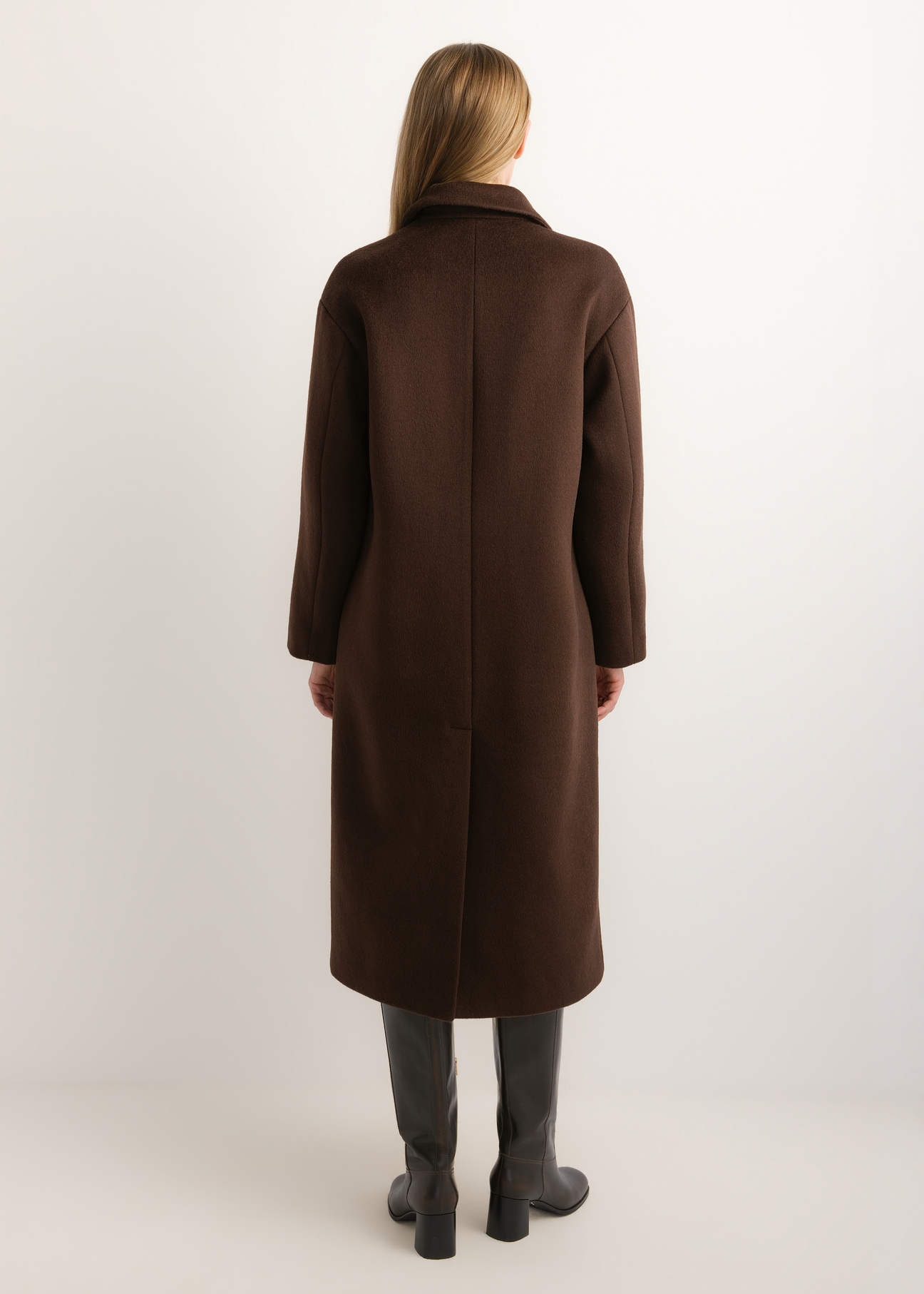 Women's long dark brown wool coat PLADT-0085-1I(Z26), product view from the back on the model. Full body visible.