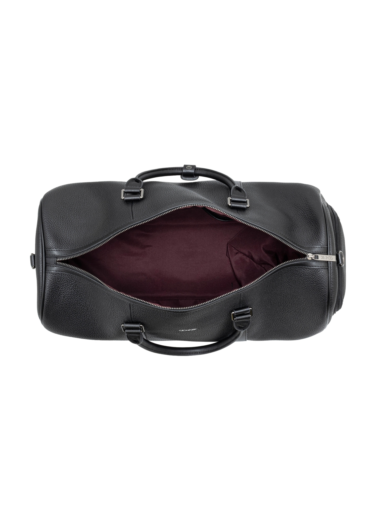 Black leather travel bag TORMS-0535-9I(Z26), product view from the inside on a white background.