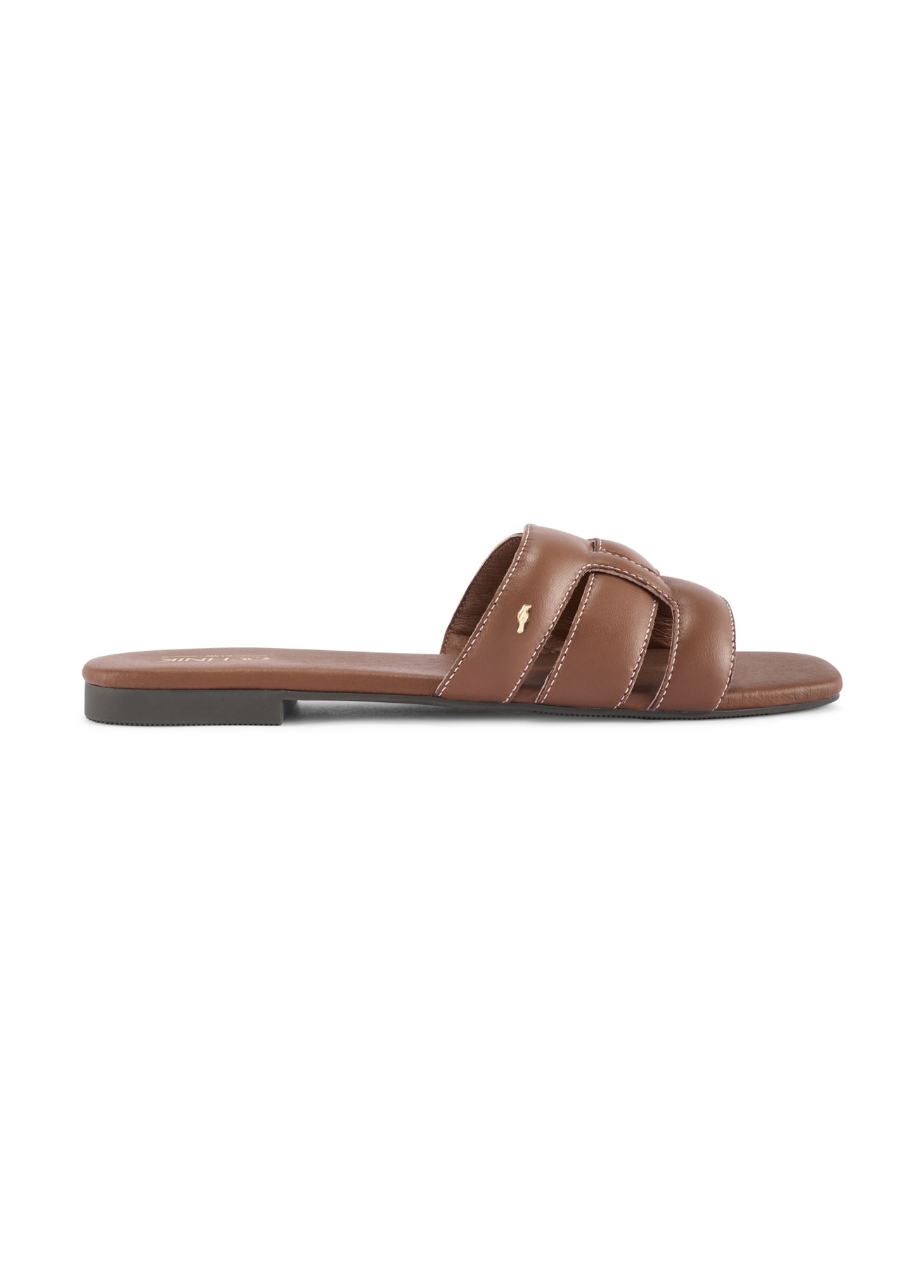 Camel leather women's slides with braid BUTYD-1225-1D(W26), side view of the product on a white background.