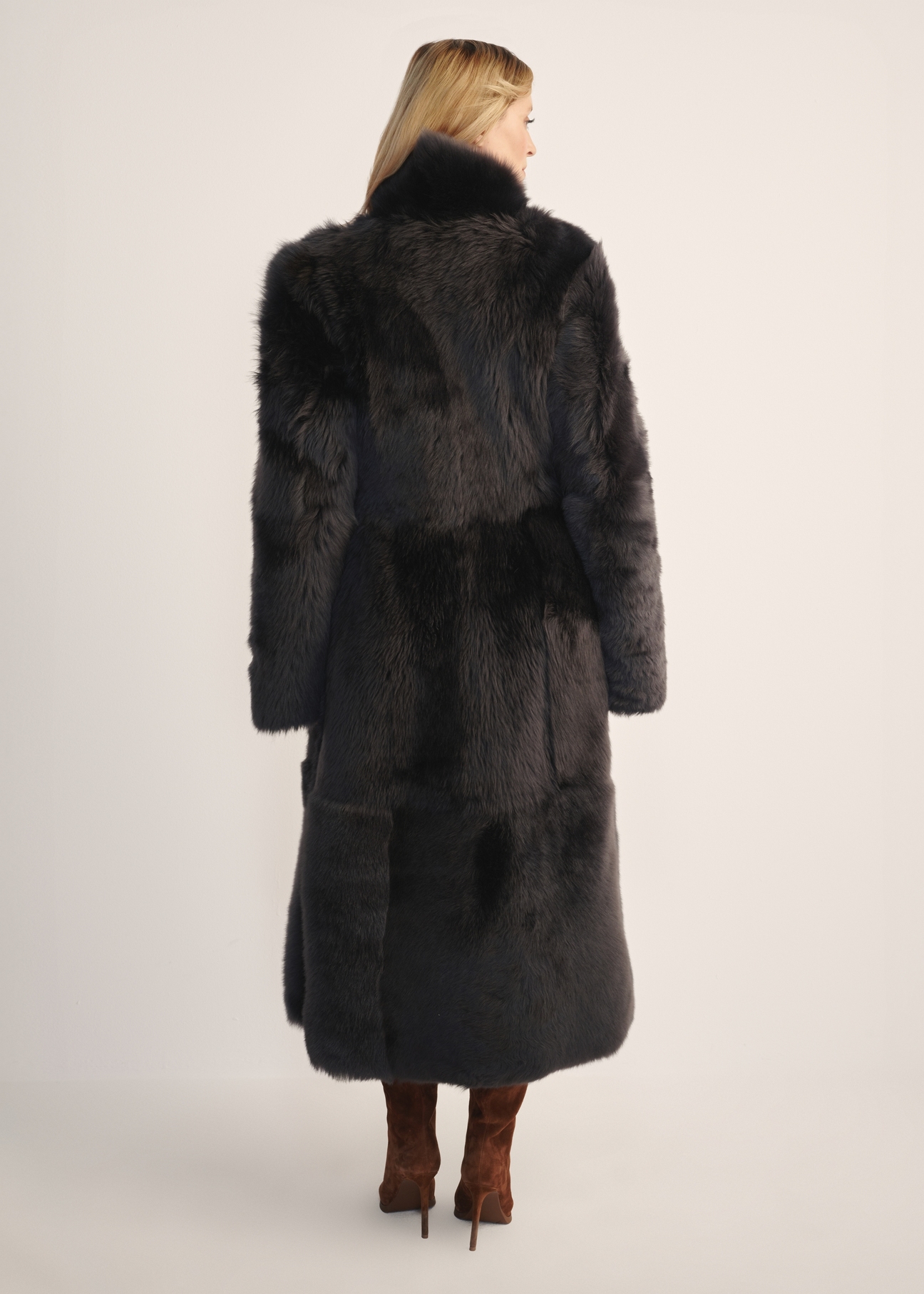 Women's brown double-sided leather sheepskin coat KOZDS-0088-3096(Z25) - back view of the product on a white background. Full silhouette visible.