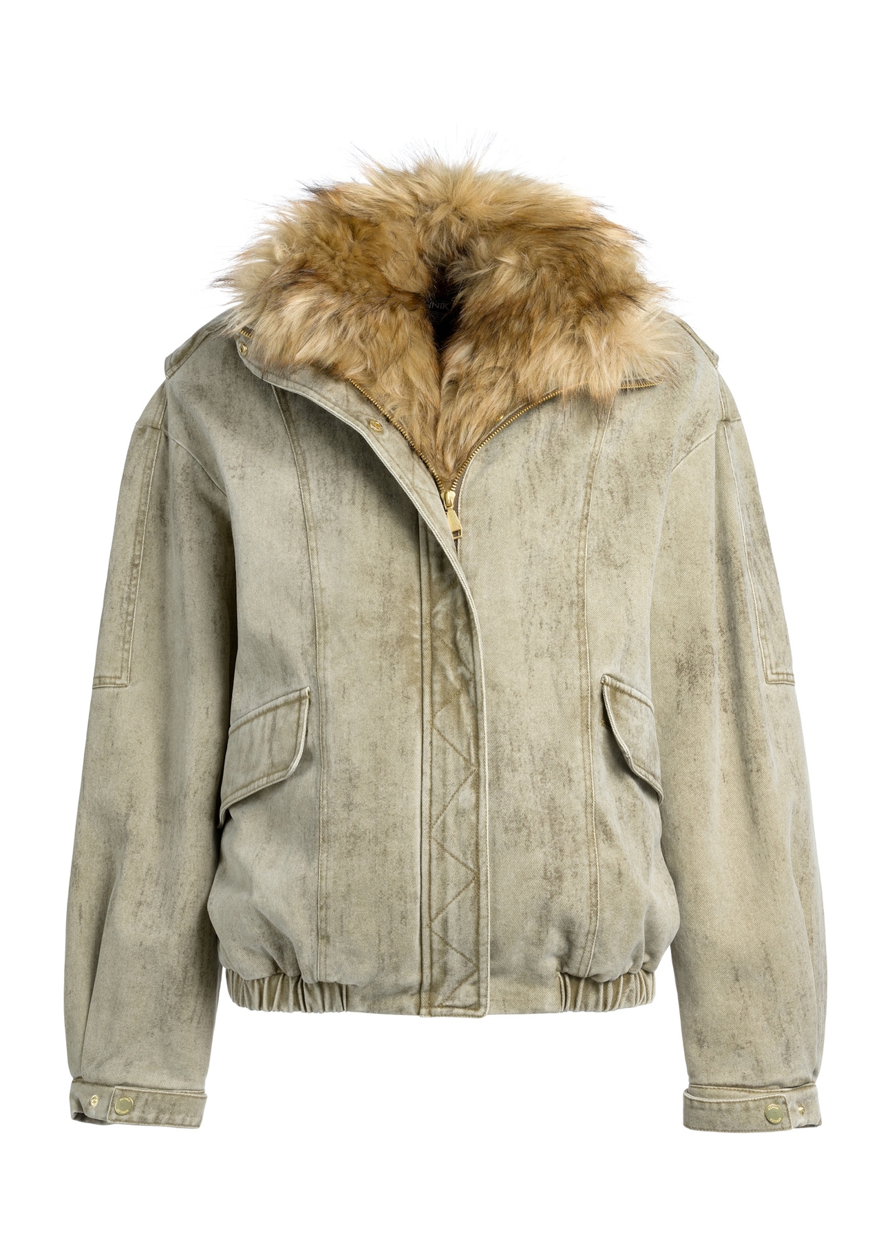Women's olive jacket with fur KURDT-0611-57(Z25) - front product view on white background.