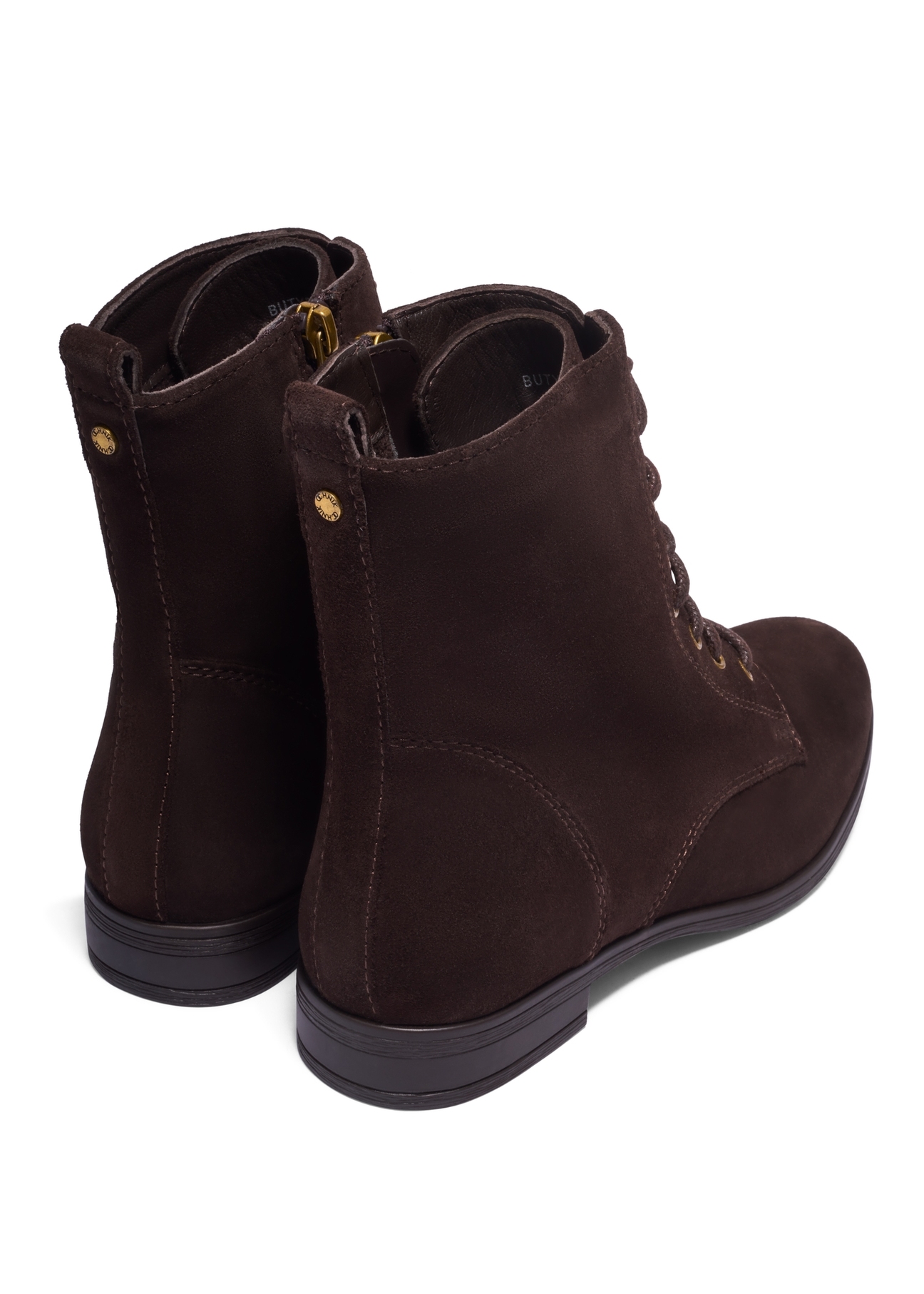Women's brown suede ankle boots BUTYD-1008-1I(Z26), rear view on a white background.