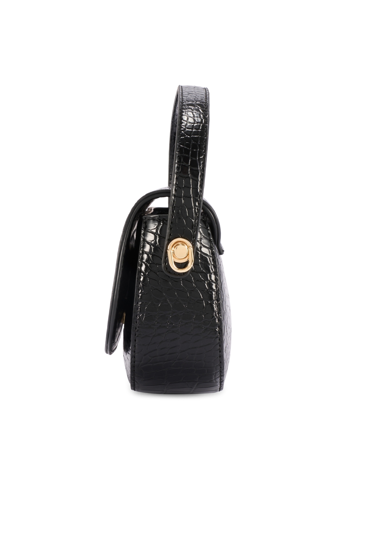Small black women's croco messenger bag TOREC-1185-9G(W26), side view of the product on a white background.