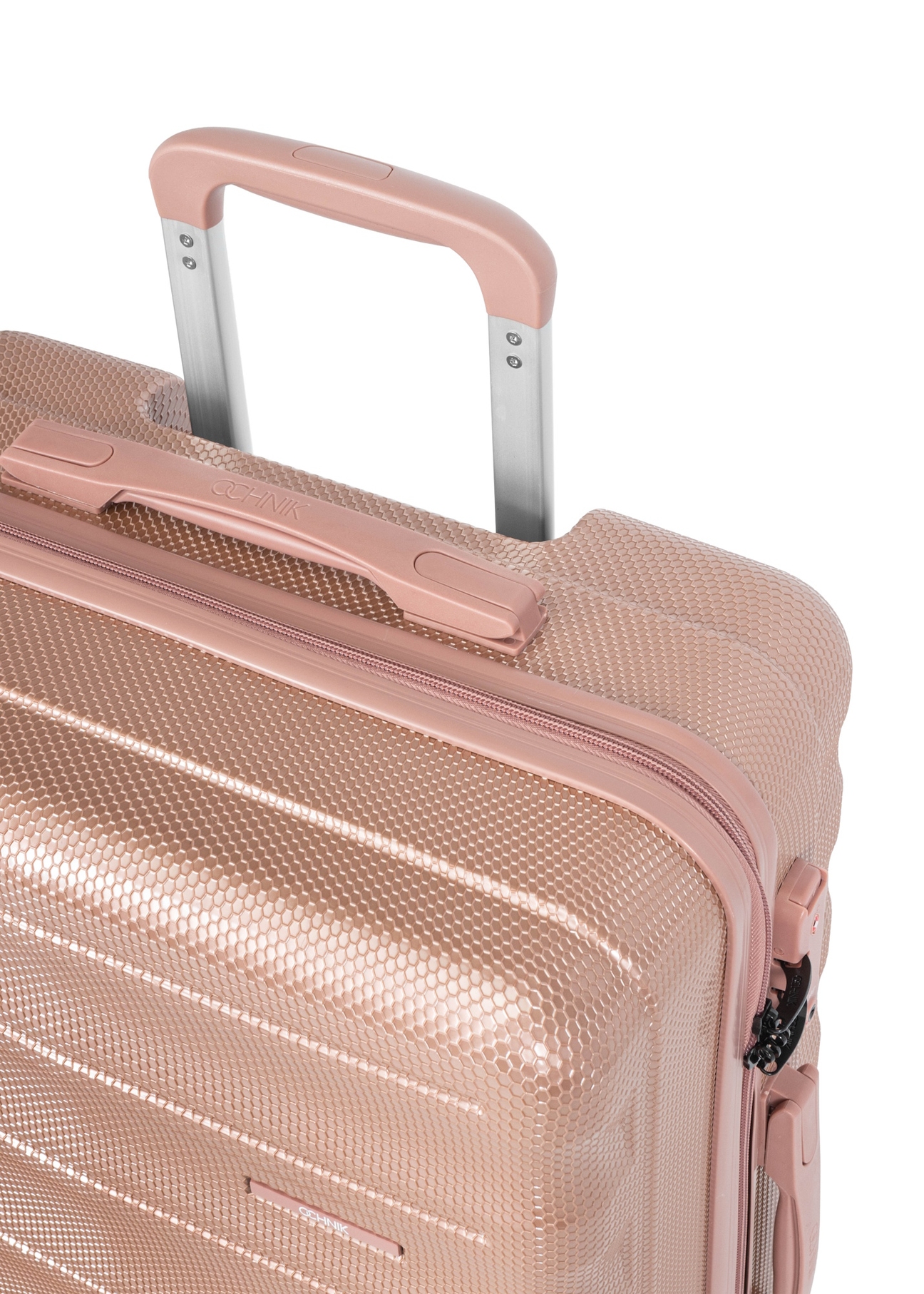 Small suitcase on wheels WALPC-0015-5B-19(W26), close-up of the product handle on a white background.