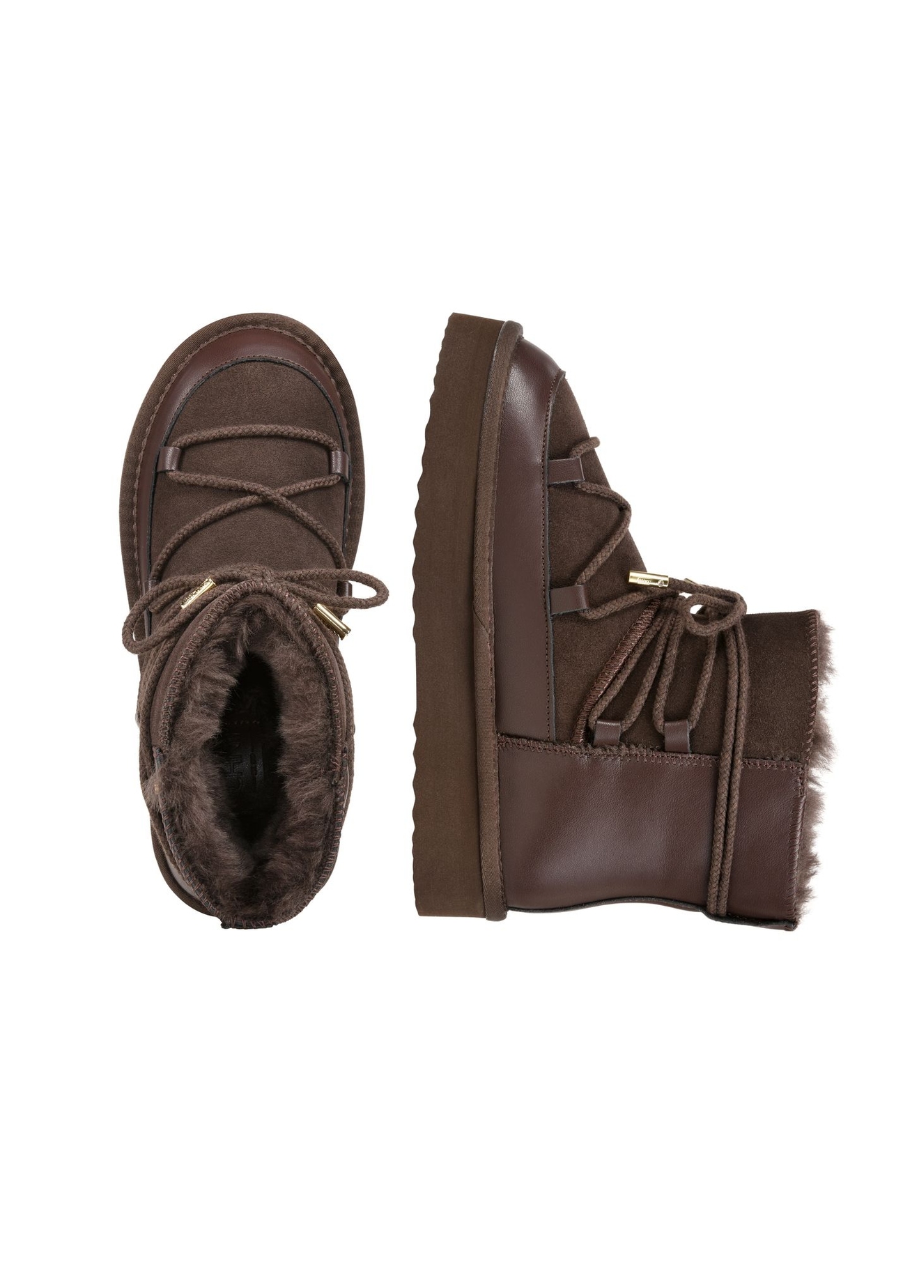 Chocolate women's snow boots BUTYD-1221-1I(Z26), top view of the product on a white background.