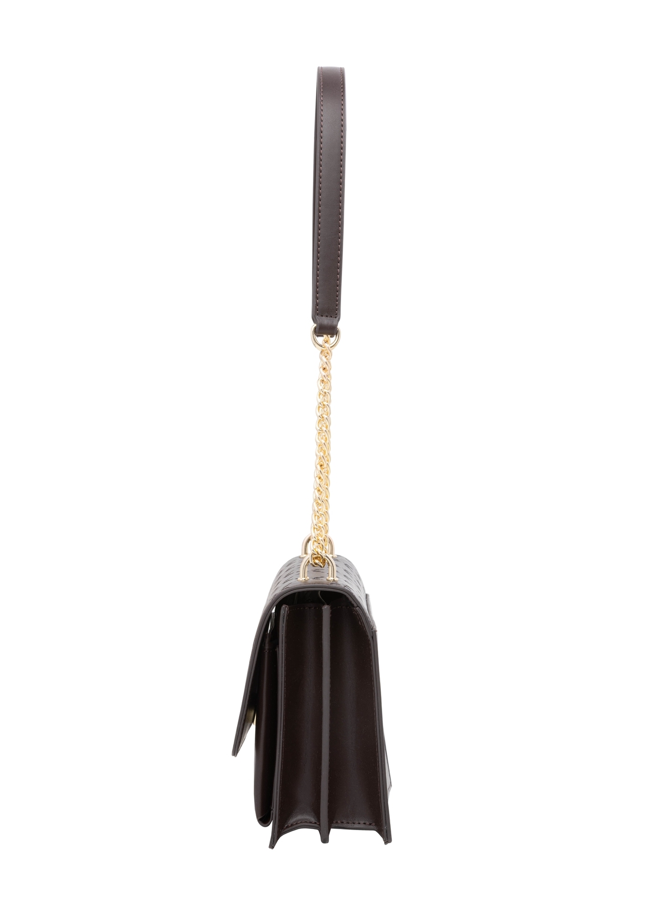 Brown women's handbag with monogram TOREC-1155-1I(Z26), product view from the side on a white background.