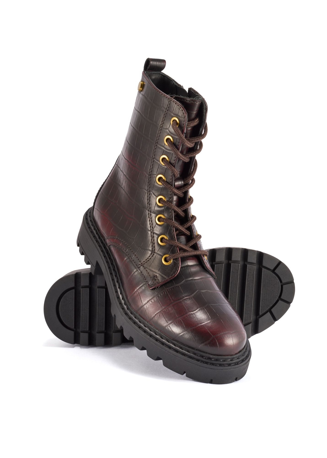 Burgundy women's croco ankle boots BUTYD-1192-4E(Z26), diagonal product view on a white background.