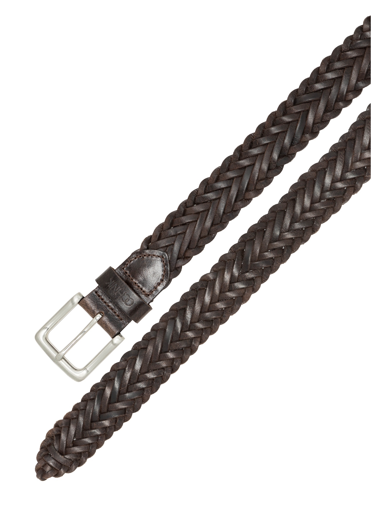 Dark brown braided men's belt PASMS-0282-1I(W26), top view of the product on a white background.