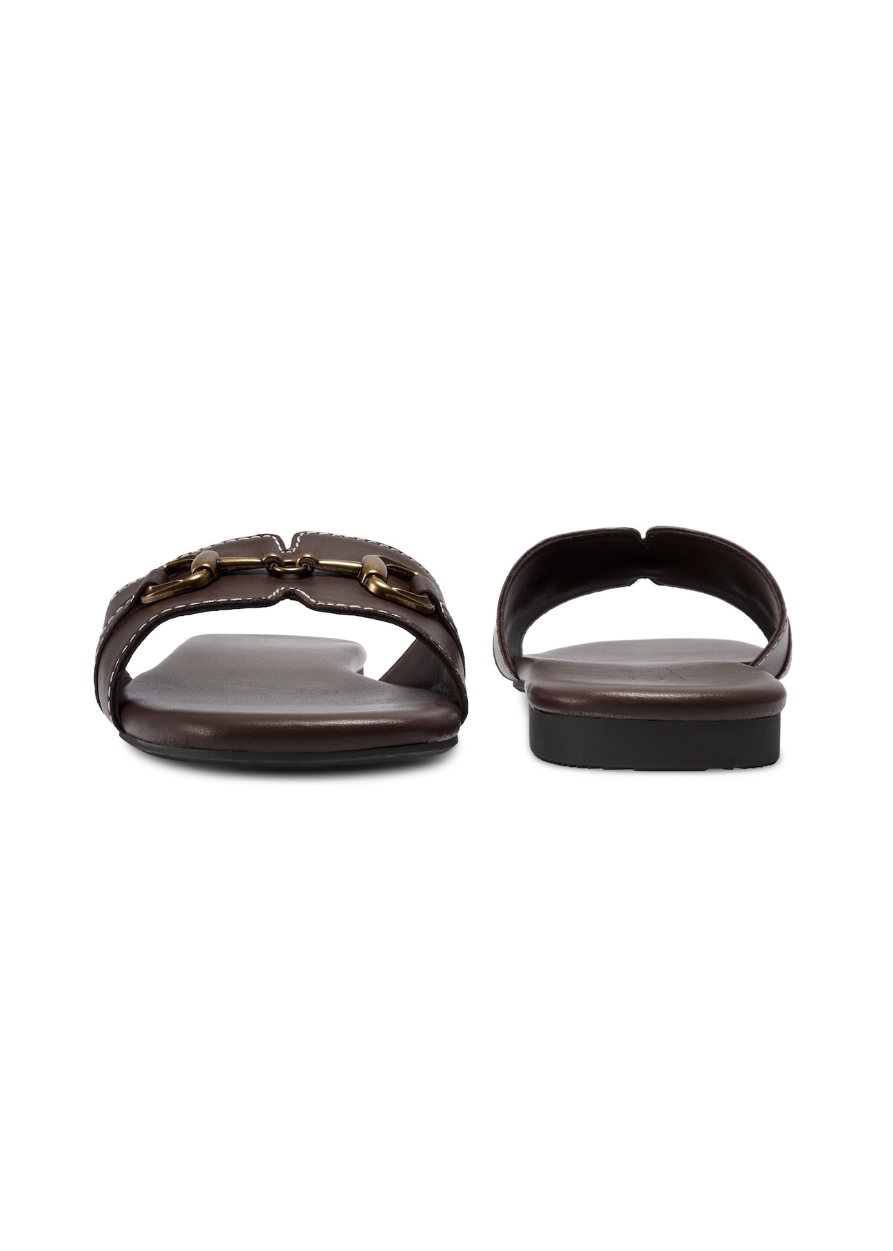 Women's dark brown leather flip-flops BUTYD-1273-1I(W26), front and back view of the product on a white background.