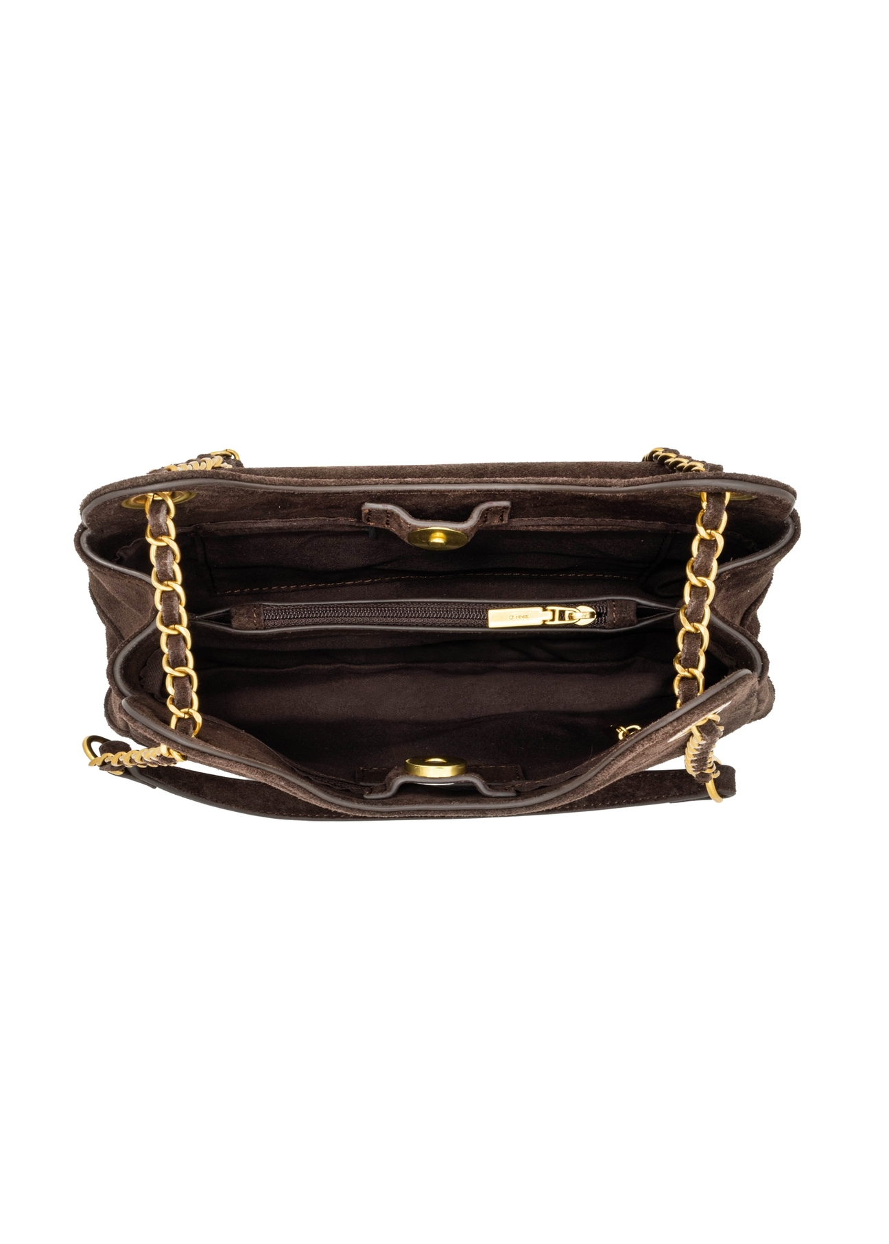Brown suede small women's handbag TORES-1409-1I(Z26), product view from the inside on a white background.