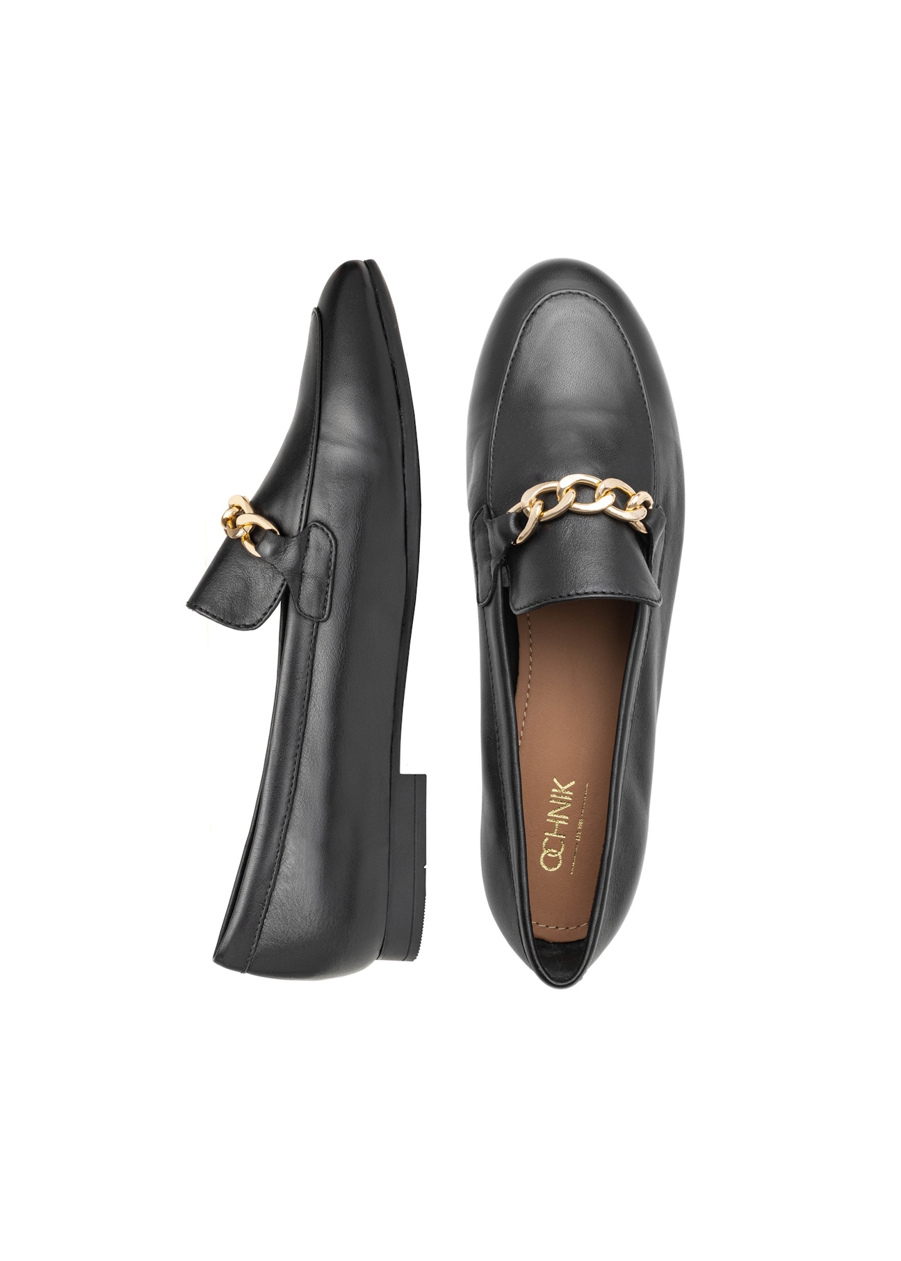 Women's leather black loafers with chain BUTYD-0914A-99(W26), product view from above on white background.