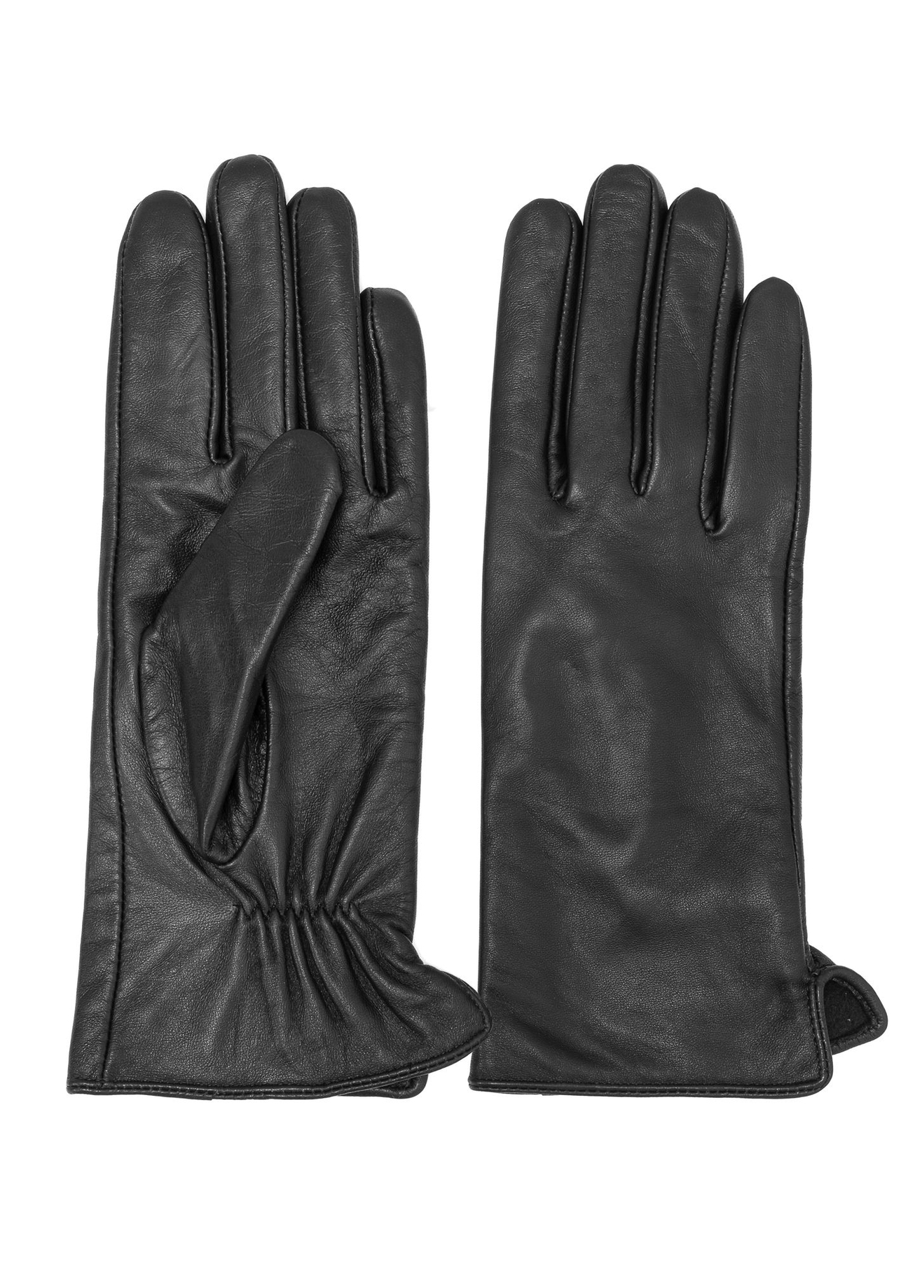 Women's black leather gloves REKDS-0001A-99(Z26), product view from the front and back on a white background.