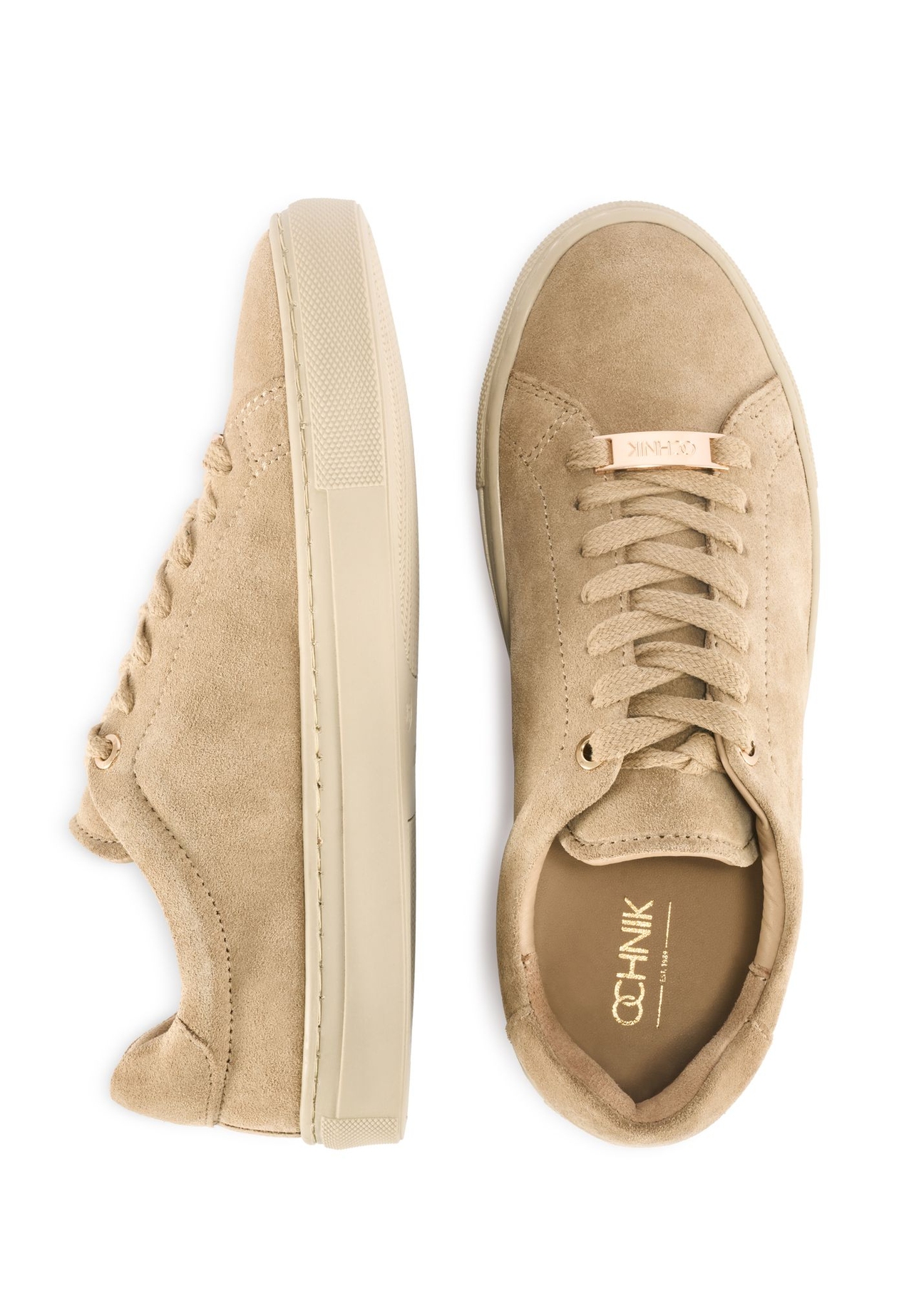 Women's suede beige sneakers BUTYD-1068-82(Z25) - product view from above on a white background.