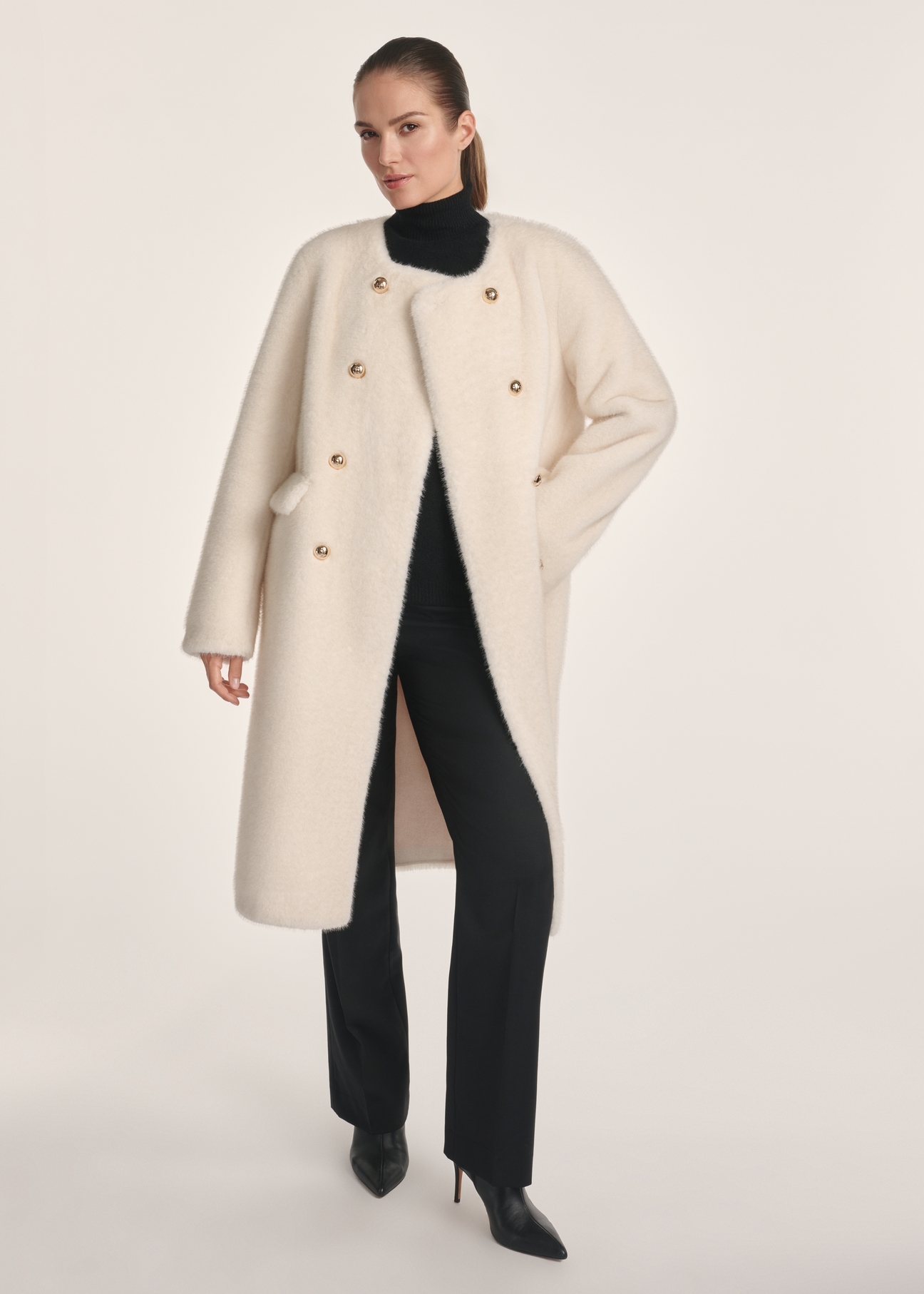 Women's long cream fur coat with scarf FUTDP-0069-12(Z25), front view of the unbuttoned product on the model. Full body visible.