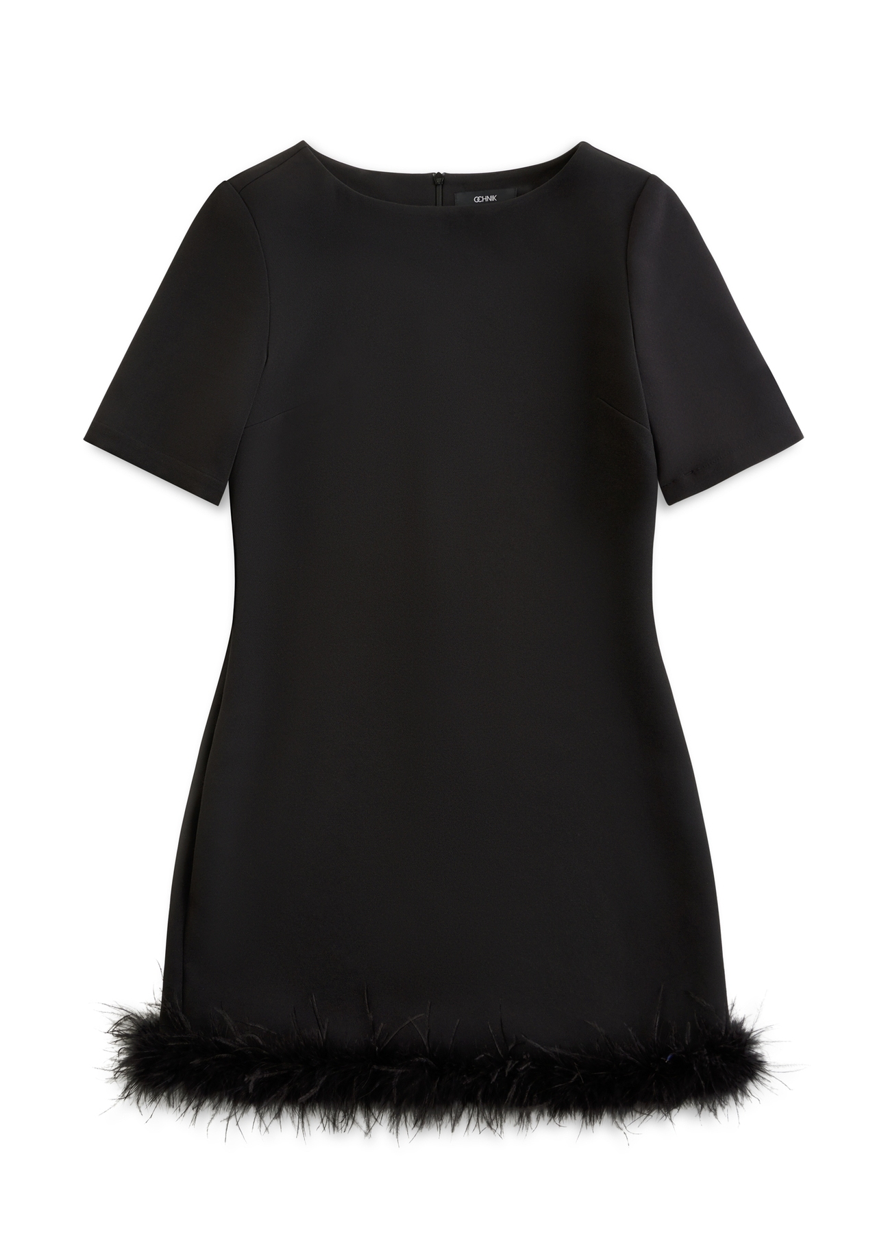 Short black dress with feathers SUKDT-0253-99(Z25), product view from the front on a white background.