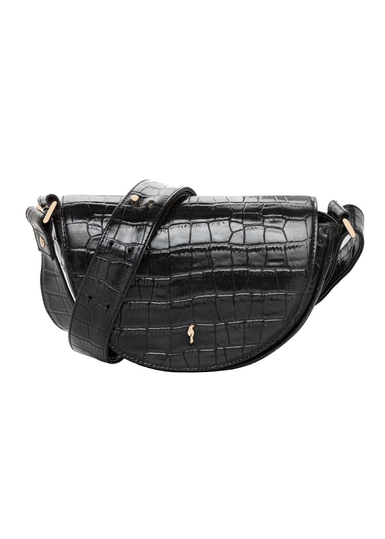 Black semi-circular croco women's handbag TORES-1328-9G(Z26), front product view on white background.