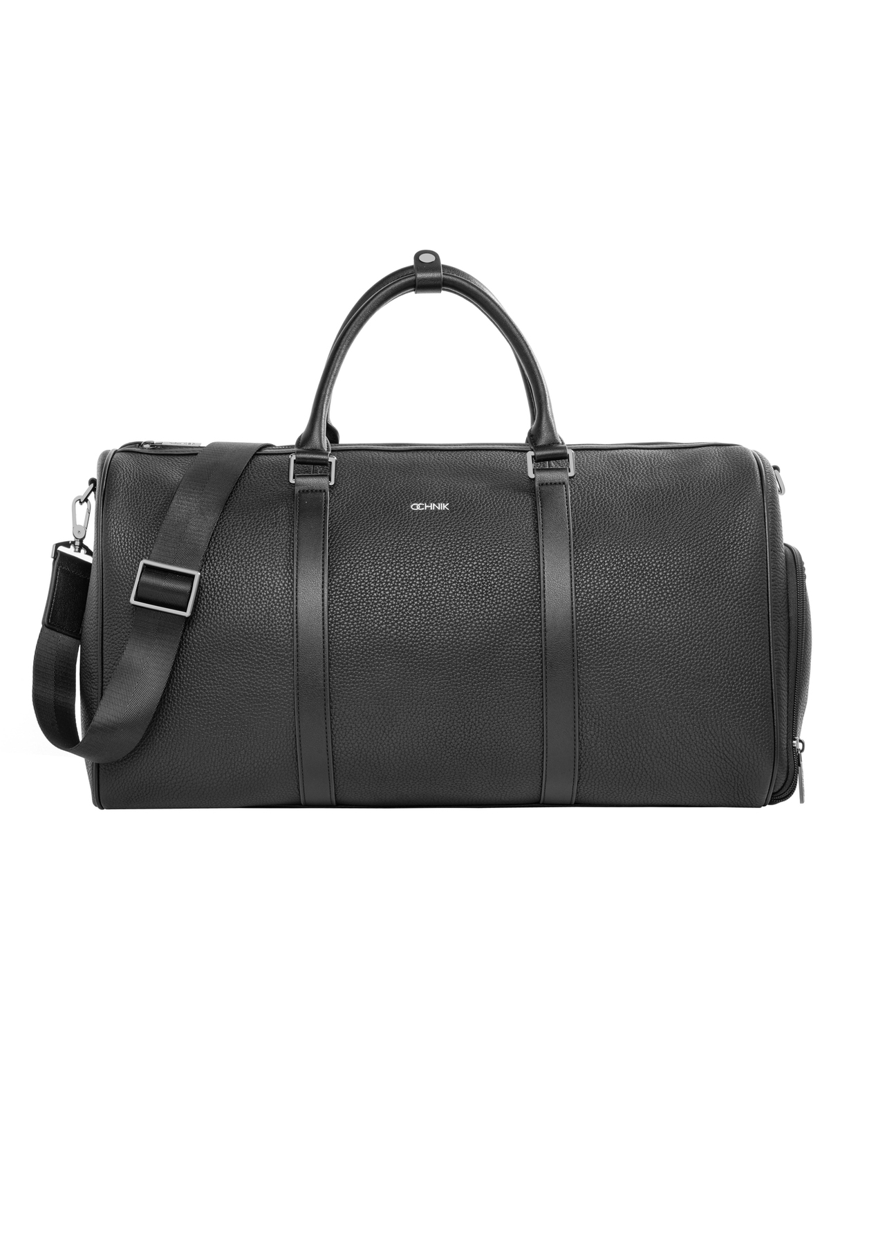 Black leather travel bag TORMS-0535-9I(Z26), product view from the front on a white background.