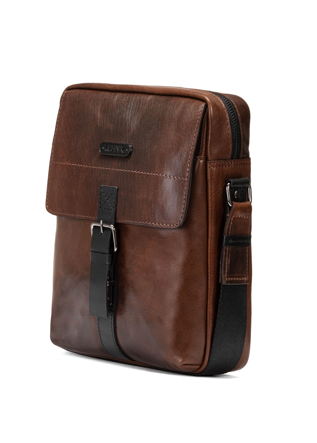 Brown leather men's bag TORMS-0104-1H(W26), diagonal product view on white background.