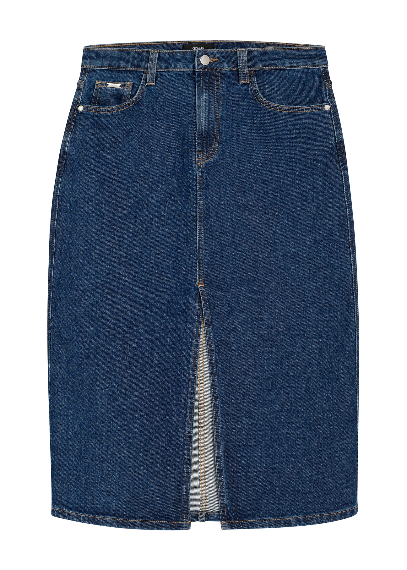 Denim midi skirt SPCDT-0119-7H(W26), front product view on white background.