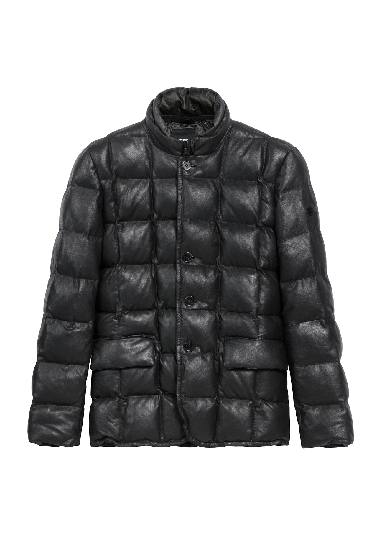 Black men's leather insulated jacket KURMS-0375-2872(Z25), product view from the front on a white background.