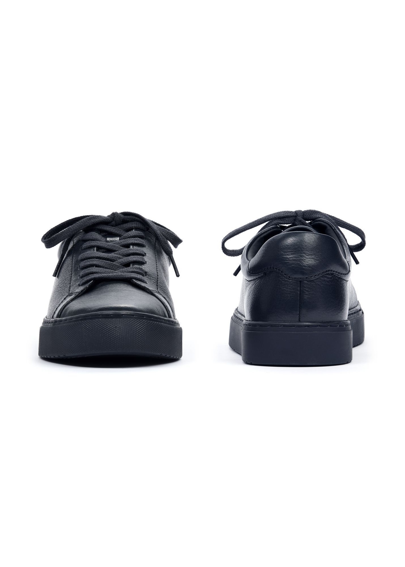 Navy blue leather sports shoes BUTYM-0503A-7D(Z26), front and back product view on white background.