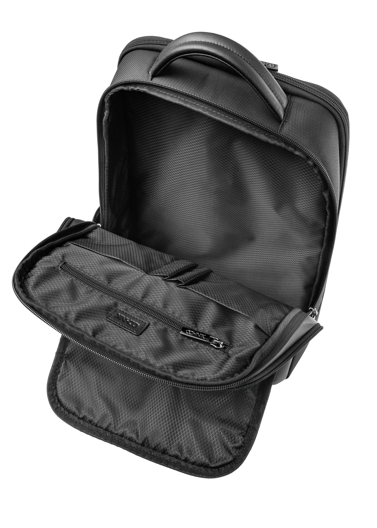 Black men's travel backpack TORMN-0376-99(Z25), product view from the inside on a white background.