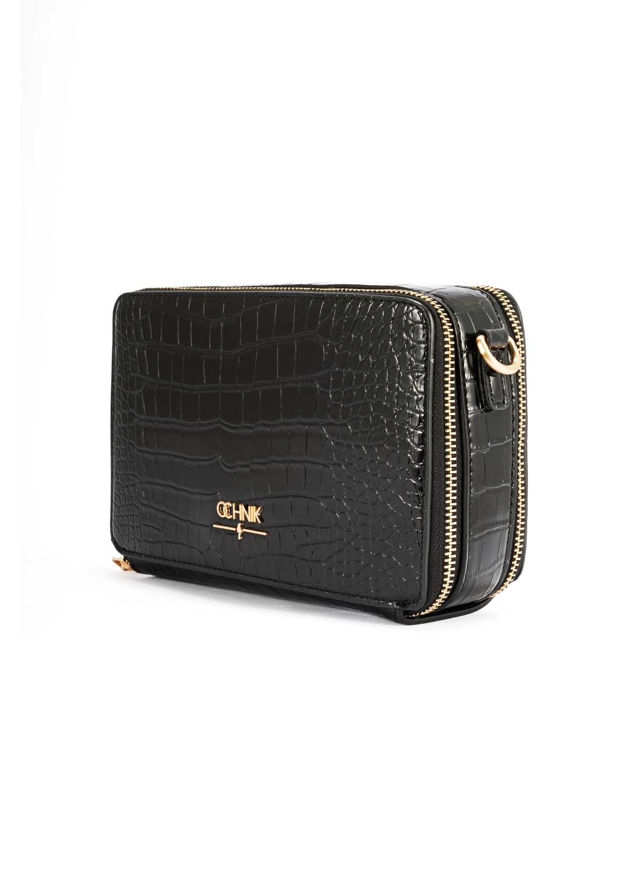 Black small women's croco handbag TOREC-1049-99(Z25), diagonal product view on a white background.