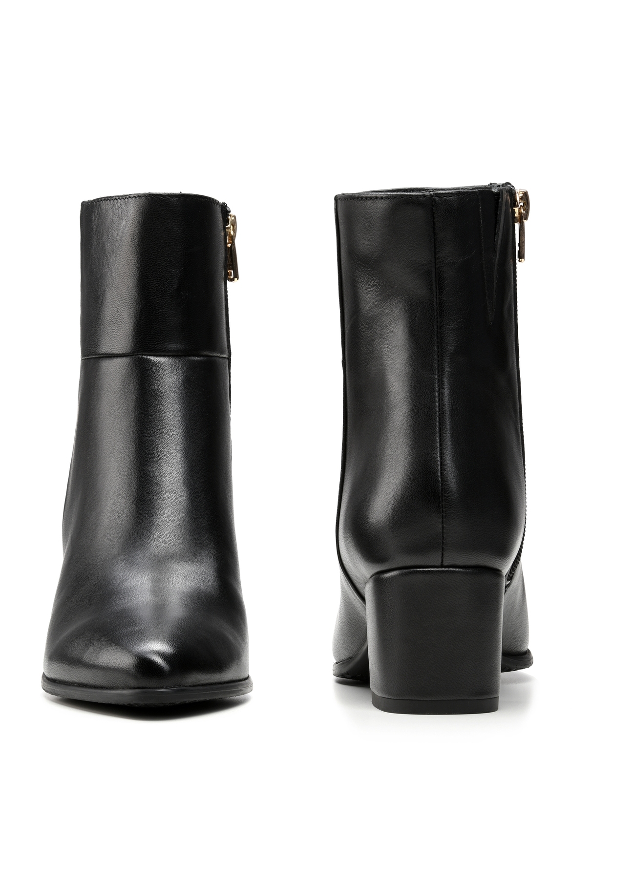 Women's leather ankle boots in black BUTYD-1186-99(Z25), product view from the front and back on a white background.