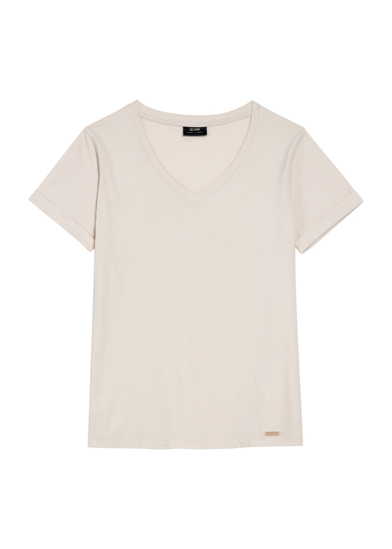 Beige women's V-neck T-shirt TSHDT-0118A-80(Z25), front product view on white background.