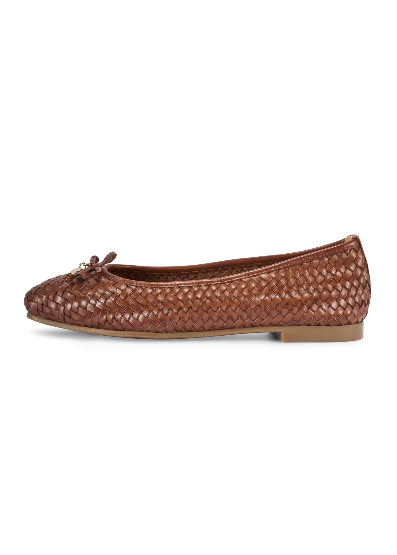 Brown women's braided ballet flats BUTYD-1249-1H(W26), side product view on white background.