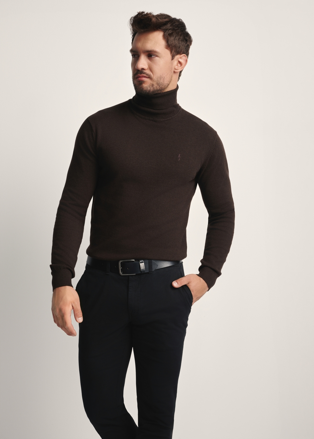 Men's turtleneck sweater in chocolate color SWEMT-0095B-90(Z25), product view from the front on the model, half of the silhouette visible.