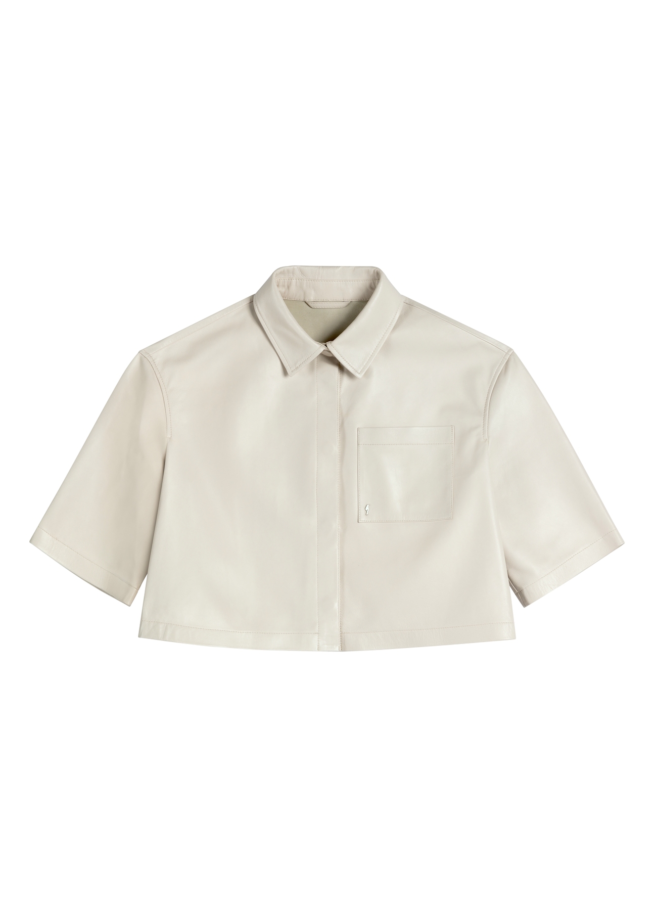 Women's short cream leather shirt KOSDS-0005-0P(W26), front product view on white background.