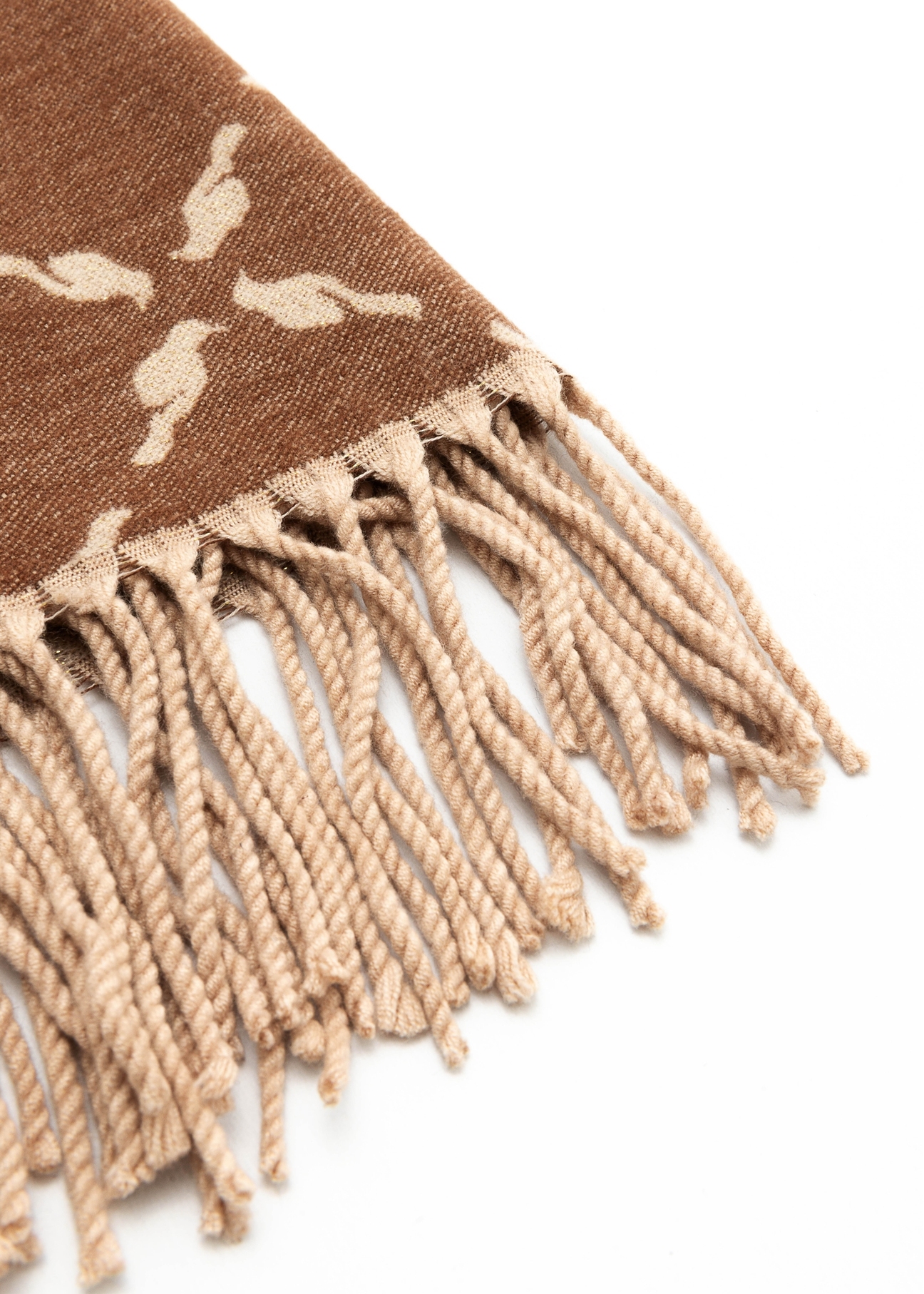 Double-sided women's scarf with monogram SZADT-0206-24(Z25), close-up of the product detail, view on a white background.