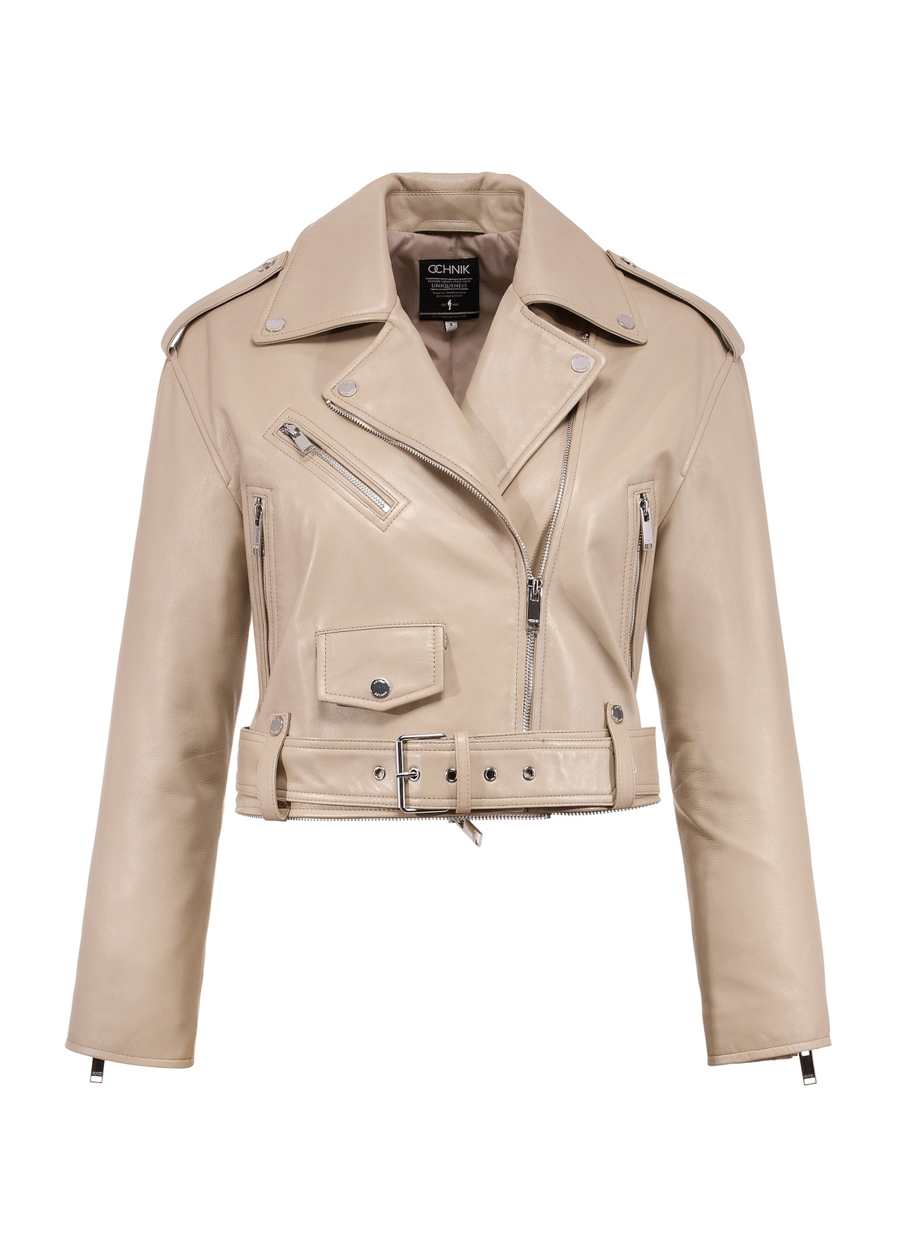 Beige women's leather jacket 2 in 1 KURDS-0514-2839(W25), front product view on white background.
