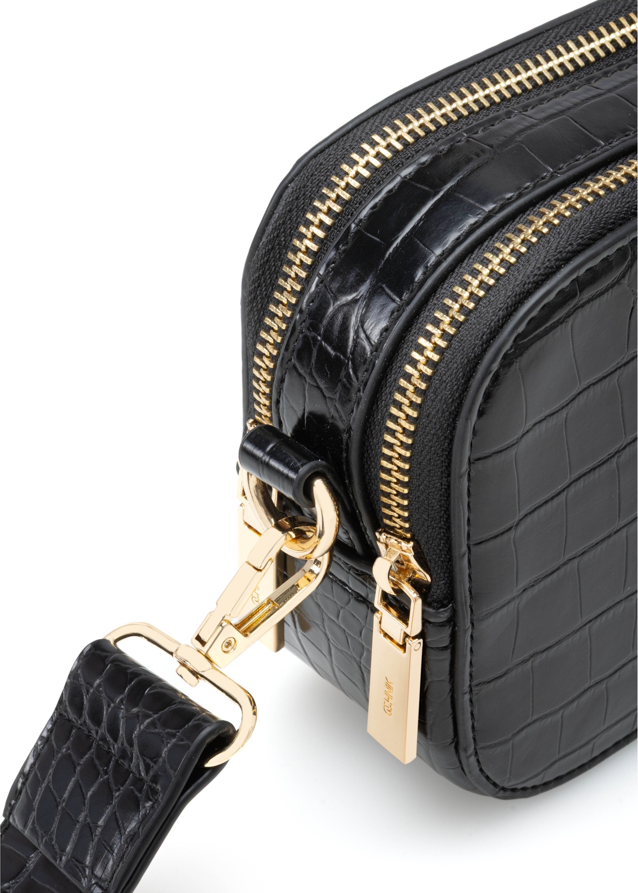 Black small women's croco handbag TOREC-1172-9G(W26), close-up of the product detail on a white background.
