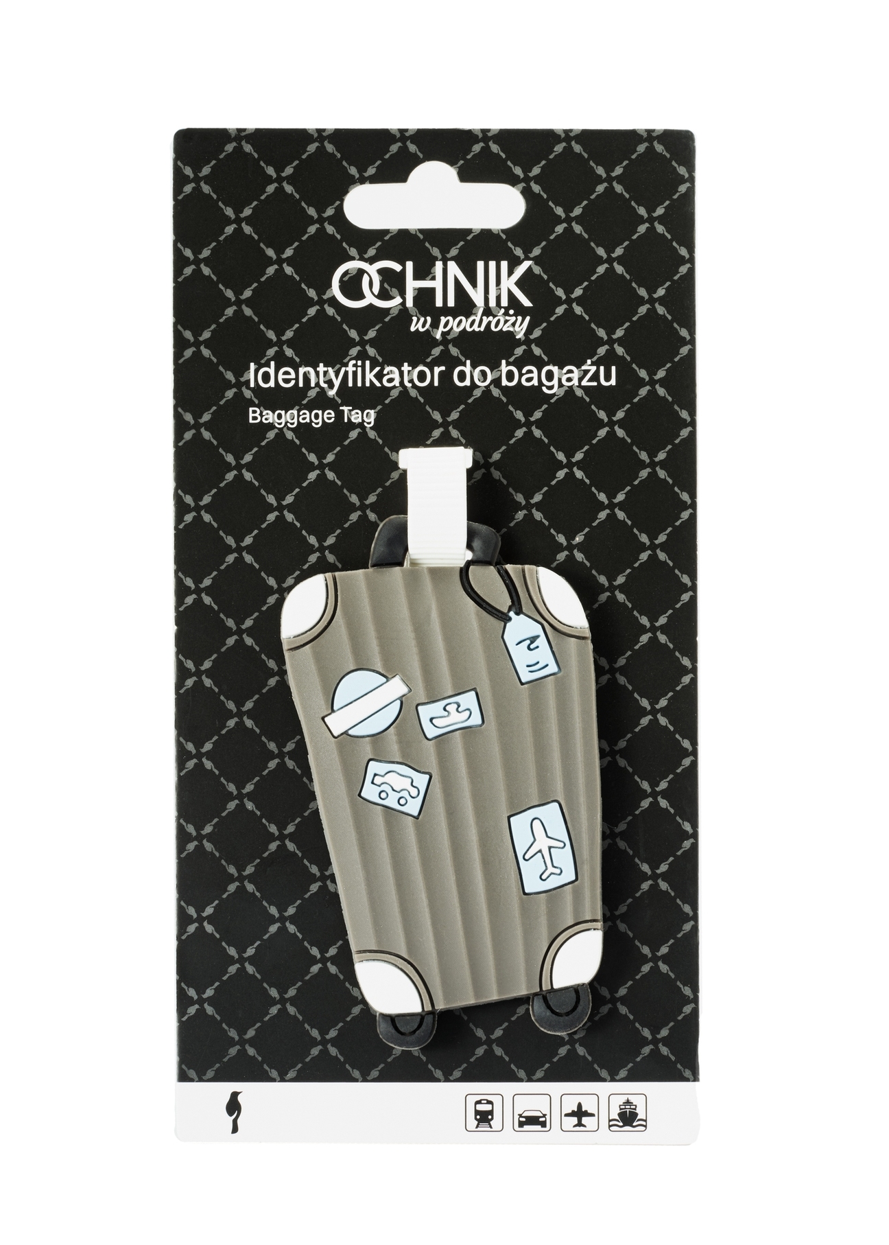 Luggage tag AW-012-0005-95(W25), front view of the product in the packaging on a white background.