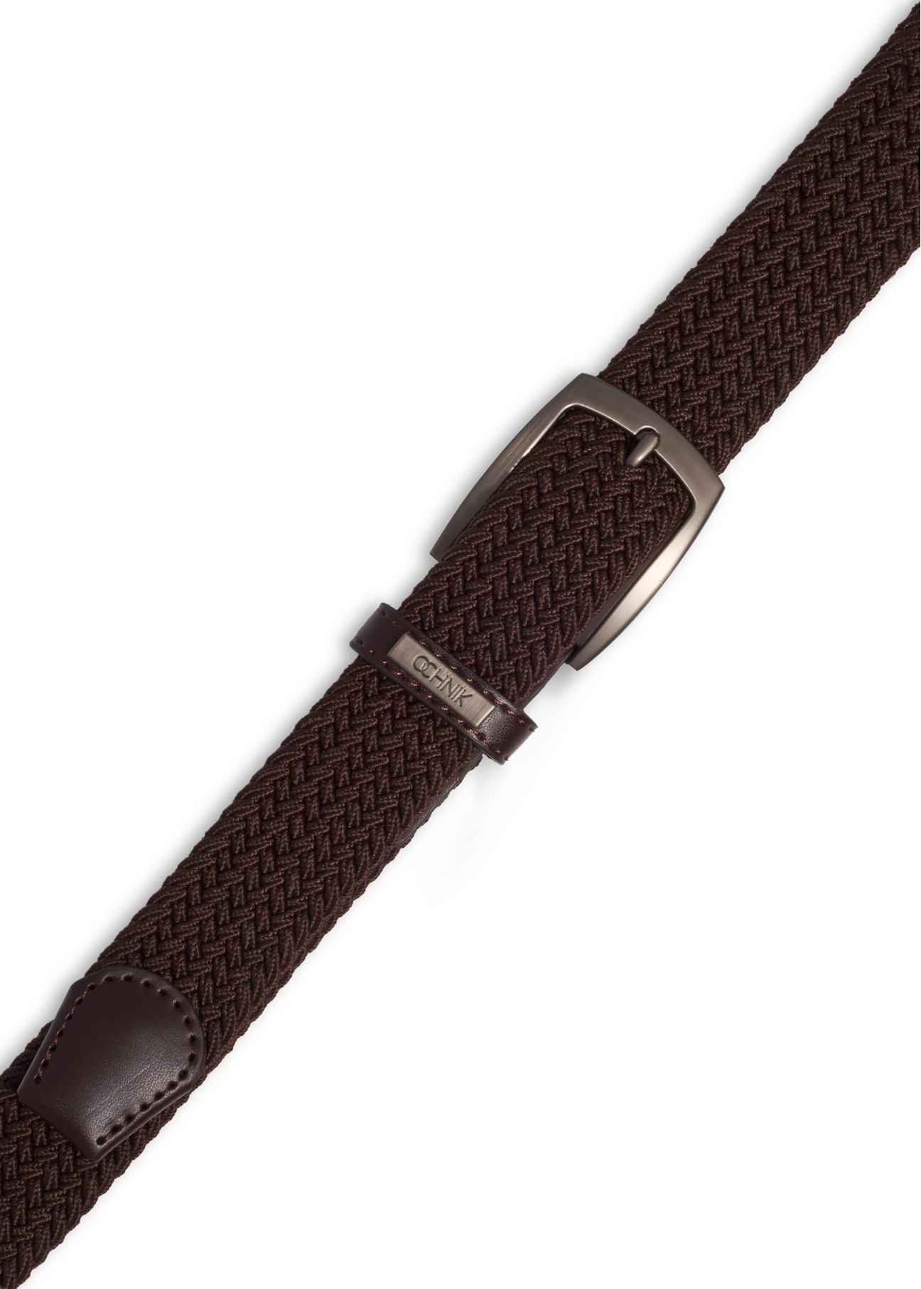 Brown braided men's belt PASMT-0004-1H(Z26), view of the clasp of the product on a white background.