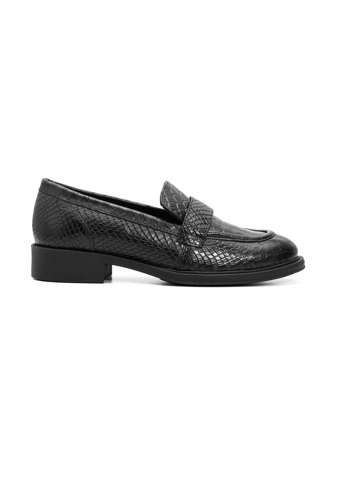 Black leather women's croco moccasins BUTYD-1198-99(Z25), side view of the product on a white background.