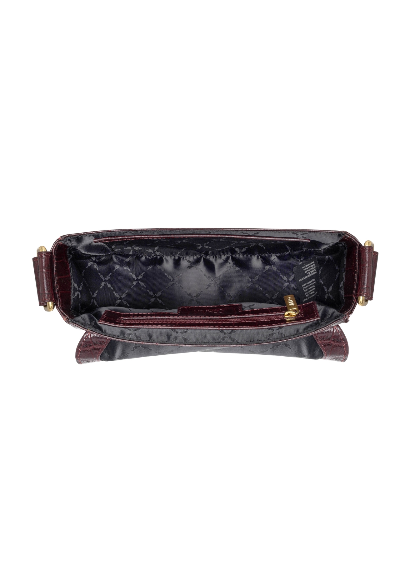 Burgundy semi-circular croco women's handbag TORES-1328-4D(Z26). Top view on white background.